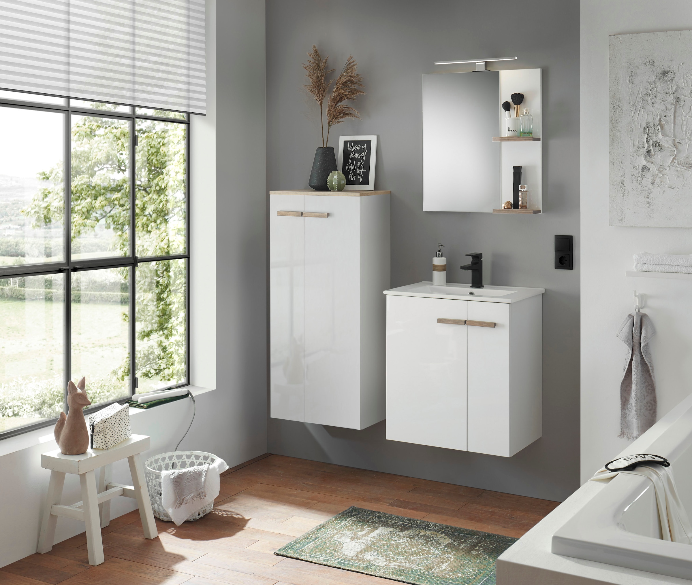 Places of Style Badmöbel-Set »SOLiD, Badmöbel-Set, Bad im modernen Design, 3-teiliges Badezimmer«, (3 St.), Waschtisch mit Waschbecken, Midischrank, Breite 130 cm