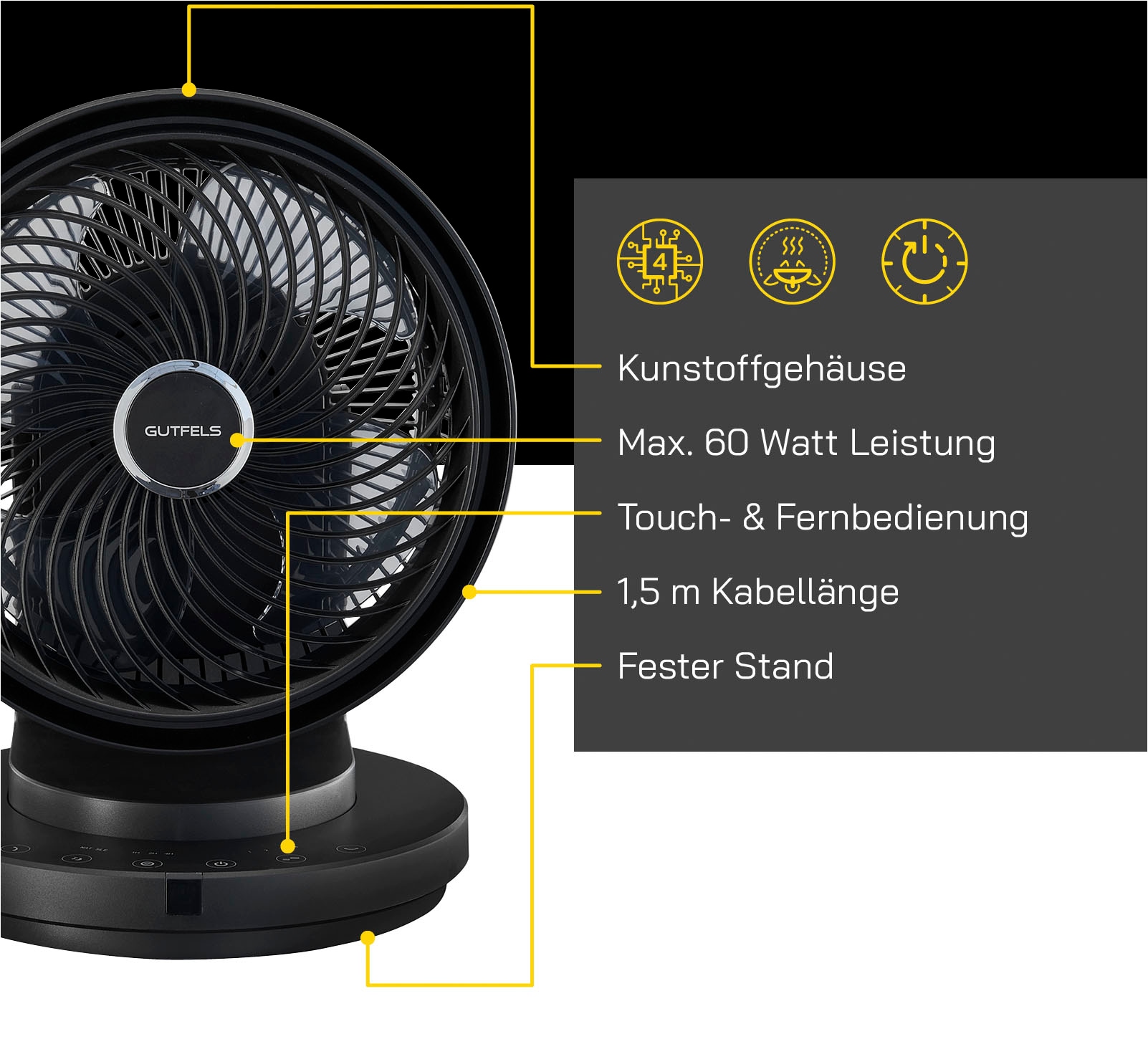 Gutfels Tischventilator »VT 66566 sw«, LED Key Touch Control & Fernbedienung, 7 Stunden Timer, 60 W Leistung