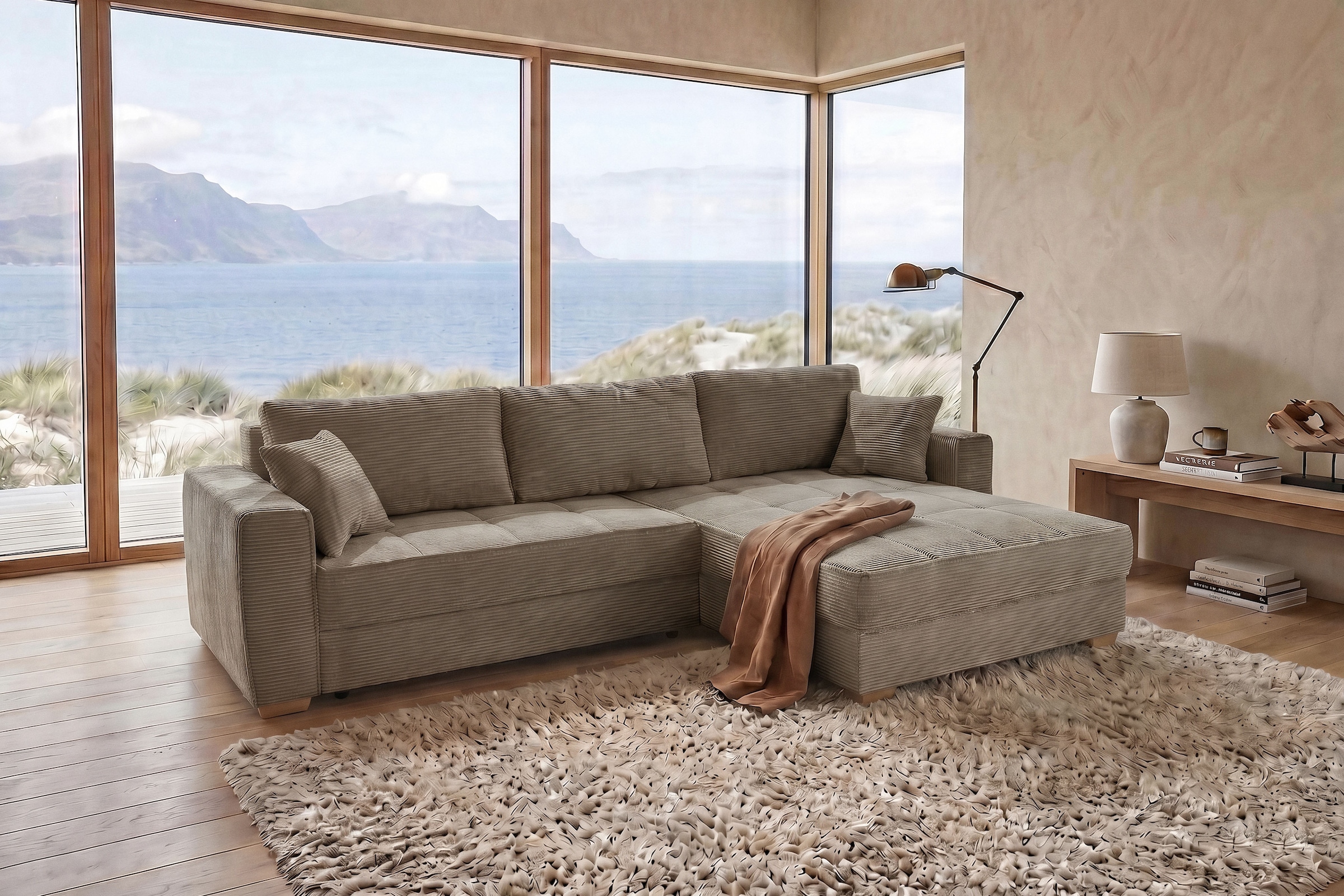 Jockenhöfer Gruppe Ecksofa »Bologna, L-Form, Breite: 298 cm, Cord-Bezug, beidseitig montierbar« mit Schlaffunktion, Bettkasten & Zierkissen, XXL-Ottomane
