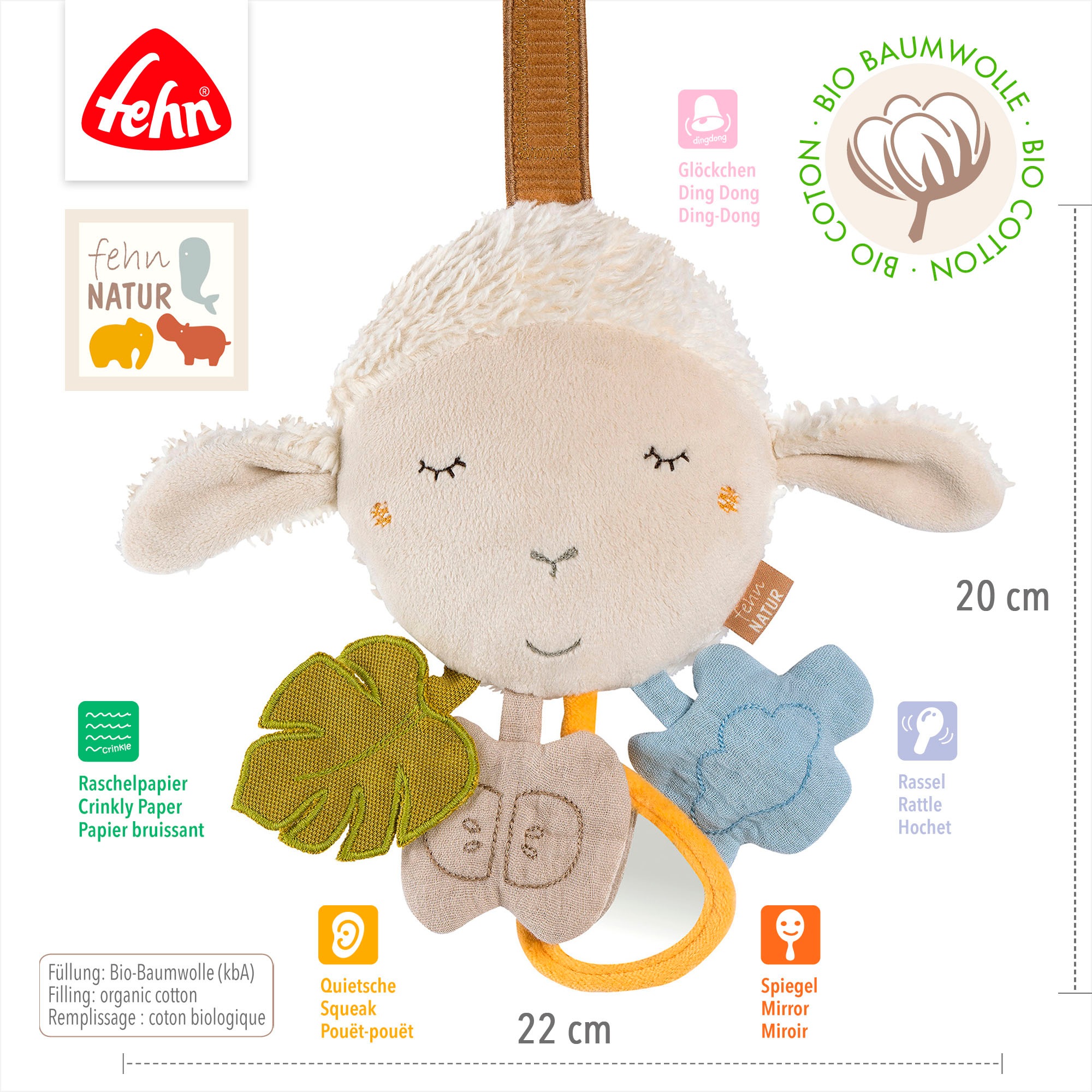 Fehn Greifspielzeug »fehnNATUR, Activity-Schaf«, zur Befestigung an Kinderwagen, Babyschale oder Bett