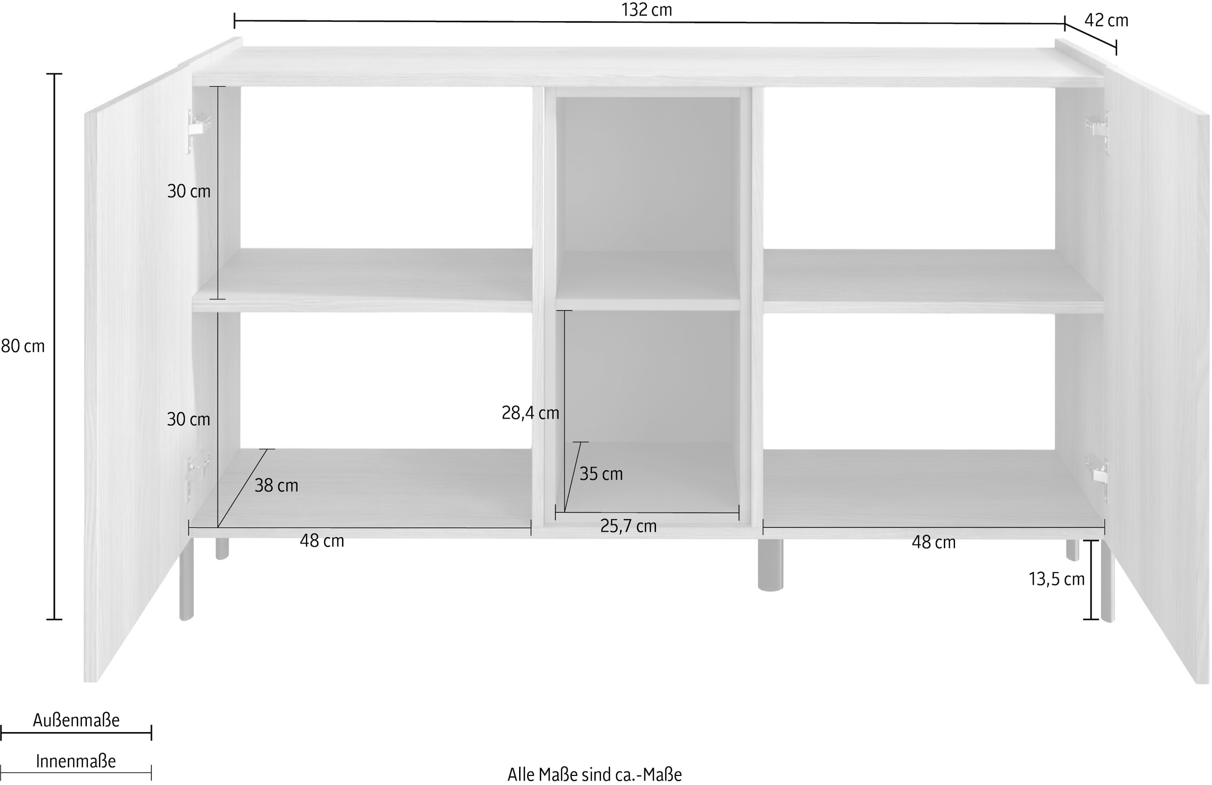 OTTO home Sideboard »Badia, 132 cm breit, 2 Türen, Anrichte, Kommode, Stauraumschrank« Innenliegendes Top, gerade Metallfüße, salbeigrüne Farbakzente
