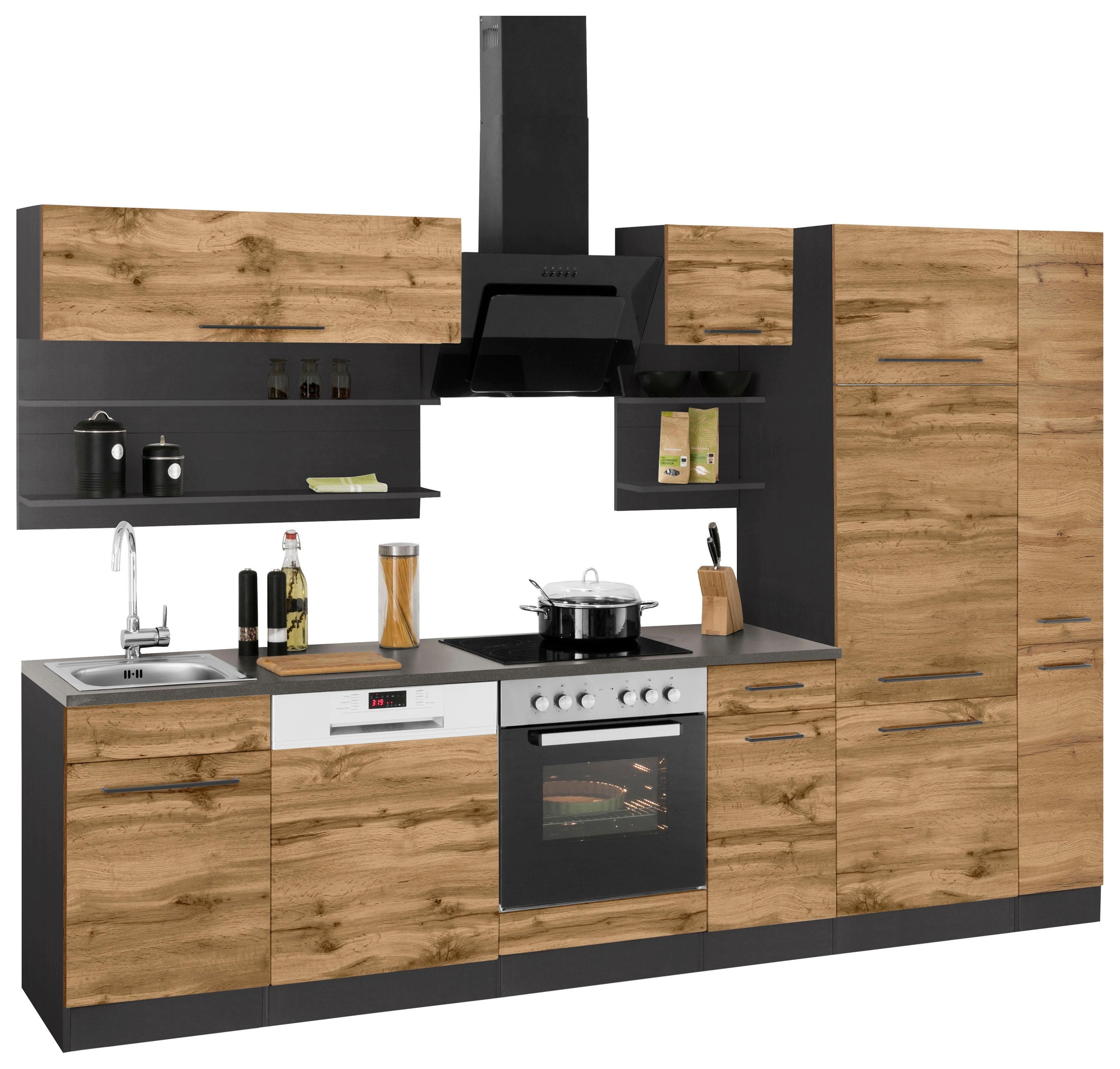 KOCHSTATION Küchenzeile »KS-Tulsa« mit E-Geräten, Breite 300 cm, schwarze Metallgriffe, MDF Fronten