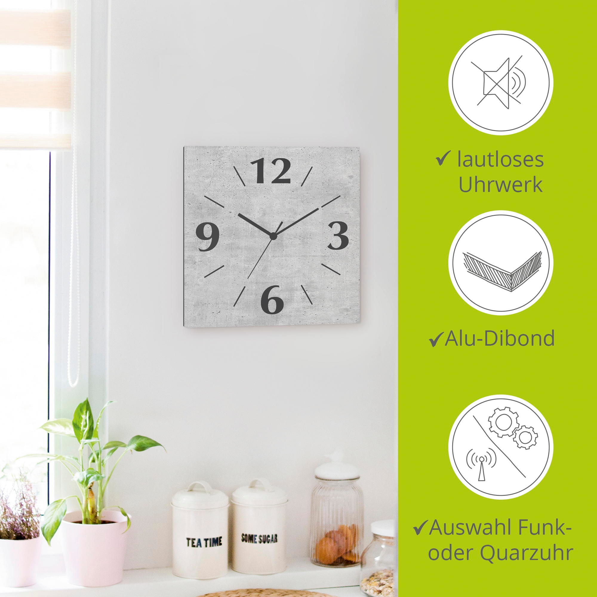 Artland Wanduhr »Grauer Beton« wahlweise mit Quarz- oder Funkuhrwerk, lautlos ohne Tickgeräusche