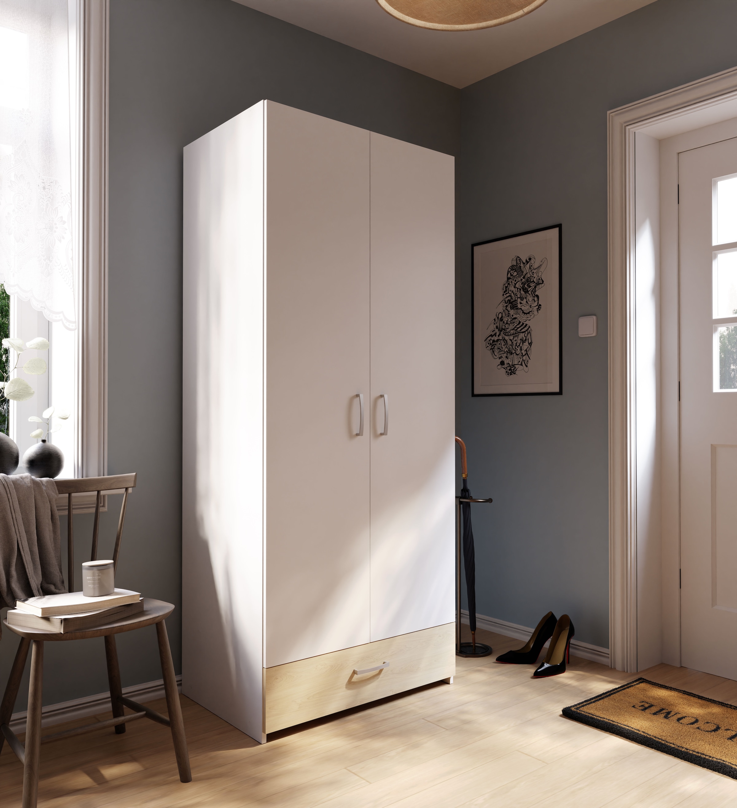 FORTE Kleiderschrank »Econobox« Drehtürenschrank, zeitloses Design mit alufarbigen Griffen.