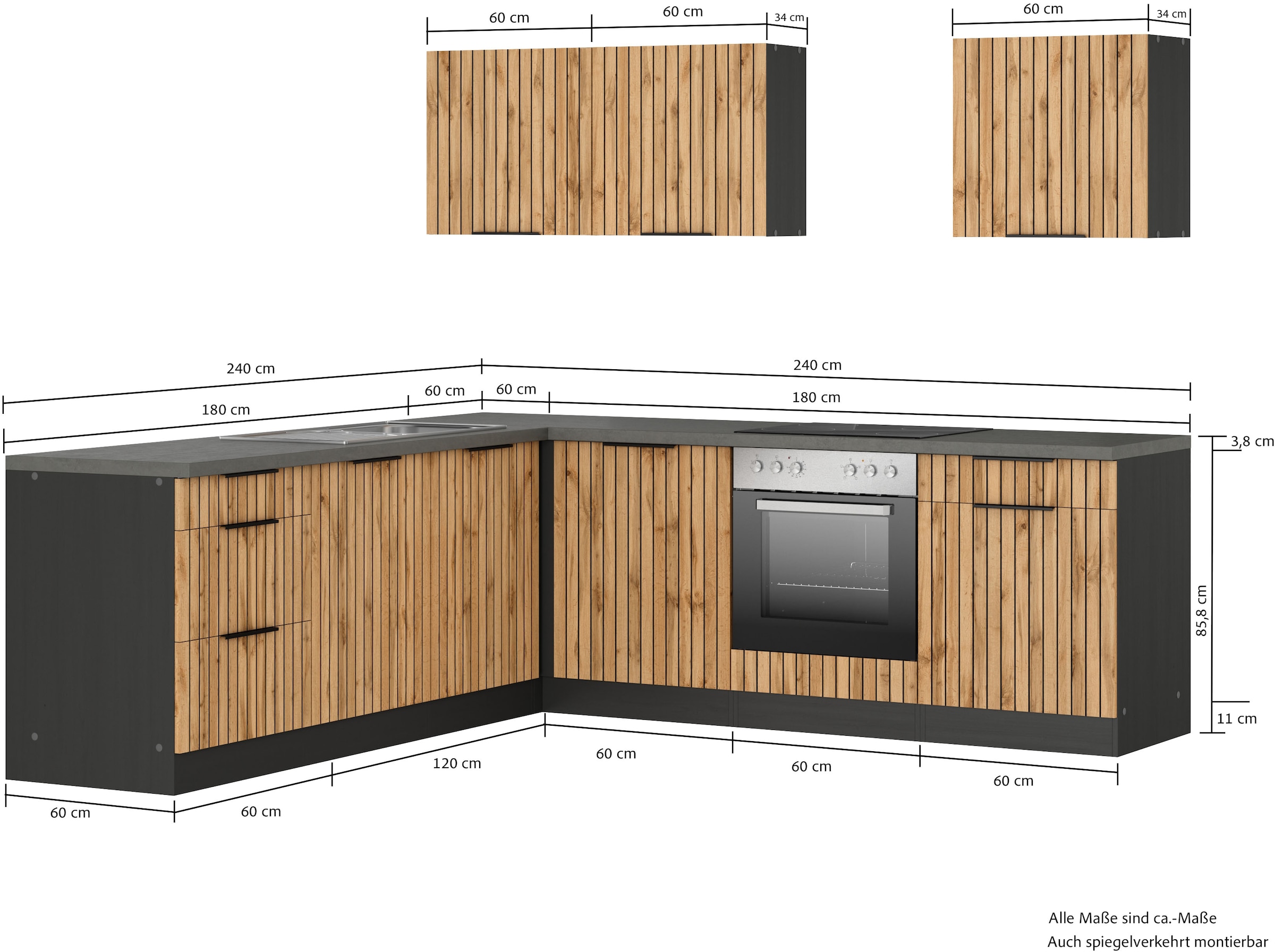 KOCHSTATION Winkelküche »KS-Lagos, Stellbreite 240/240 cm« wahlweise mit E-Geräten und Spüle edelstahl oder schwarz