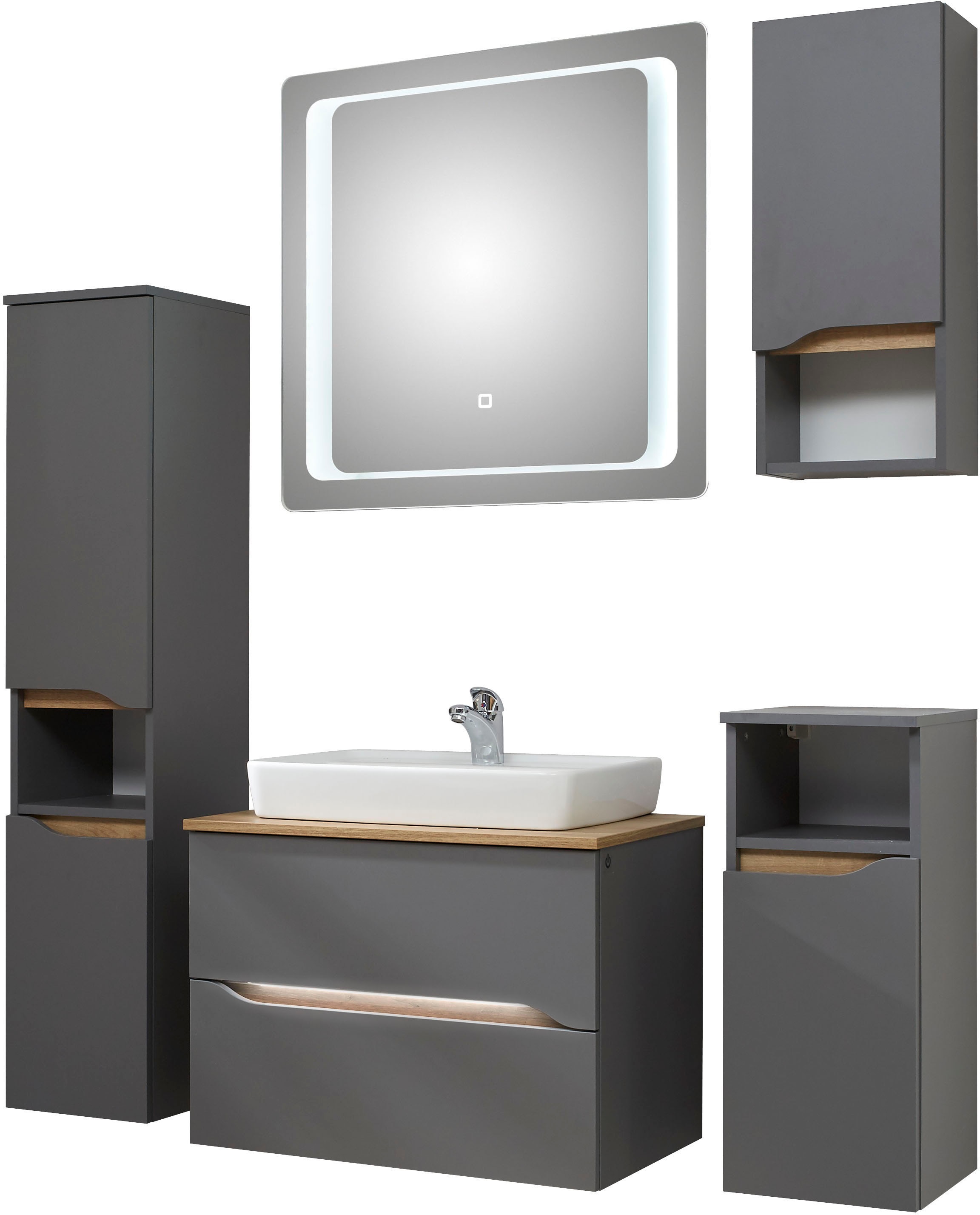 Saphir Badmöbel-Set »Quickset 5-teilig, Keramik-Aufsatzbecken mit LED-Spiegel«, (8 St.), Midischrank, Unterschrank, Hängeschrank, inkl. Türdämpfer, 6 Türen