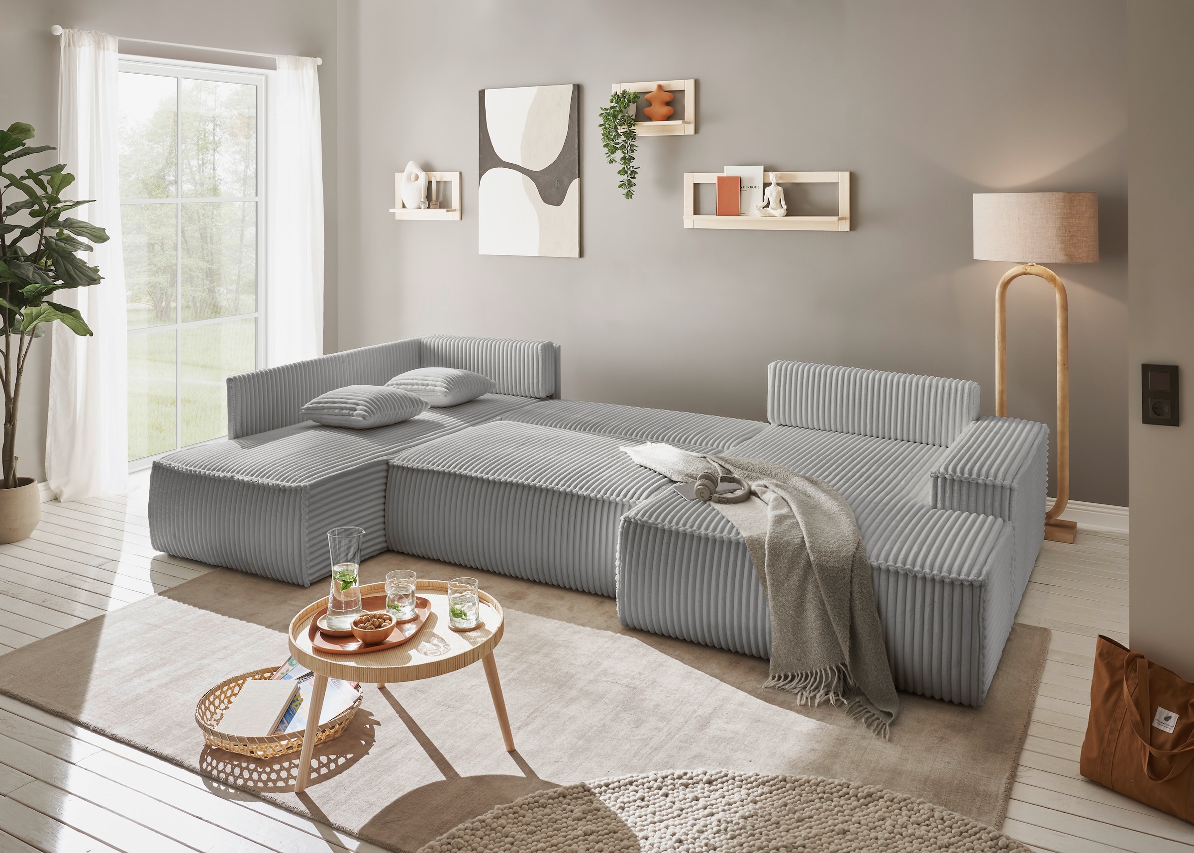 andas Wohnlandschaft »FINNLEY U-Form XXL 329 cm, Schlafsofa, Schlaffunktion m. Bettkasten«, (194/139 cm), Bouclé, Struktur und Cord