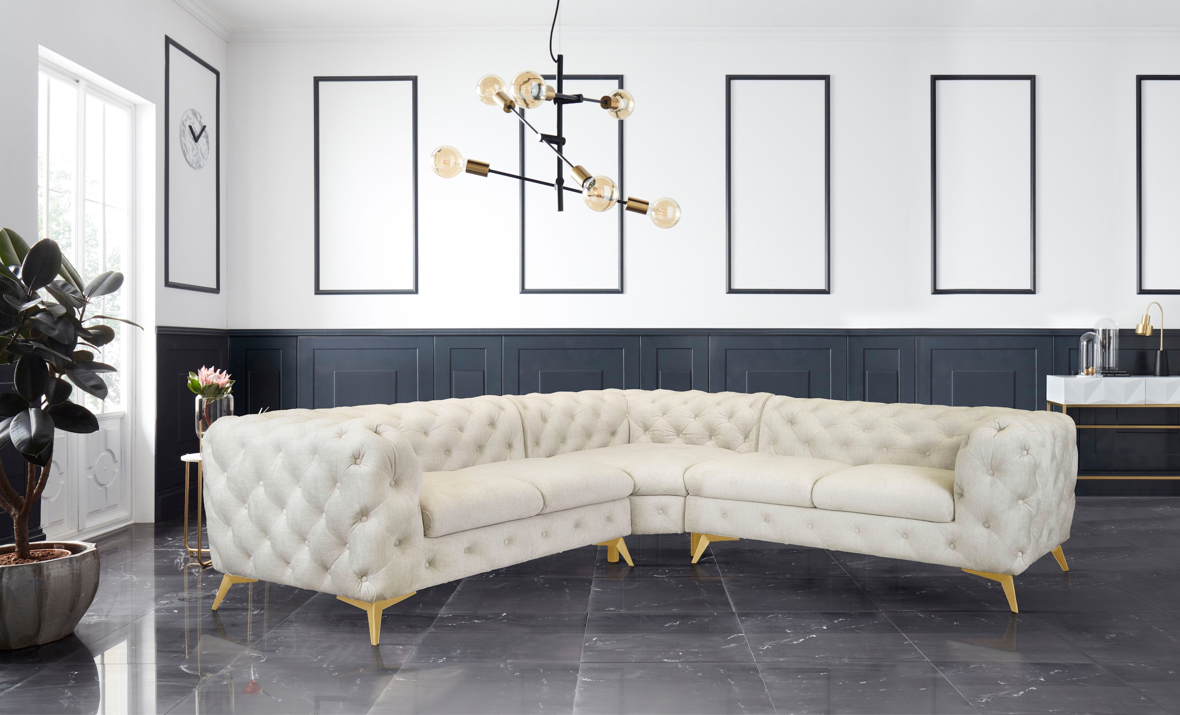 Leonique Chesterfield-Sofa »Ecksofa GLYNIS L-Form mit Wellenunterfederung, Maße B/T/H 264/264/75cm«, aufwändige Knopfheftung, moderne Chesterfield Optik, Fußfarbe wählbar