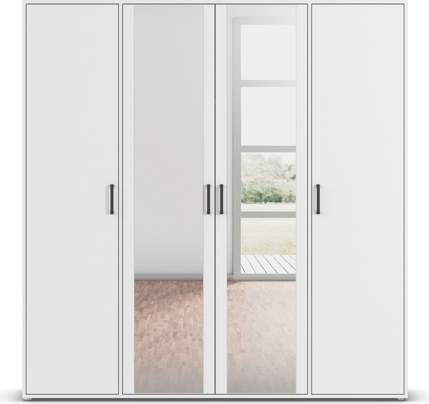 rauch Drehtürenschrank »Kleiderschrank Schrank Garderobe Wäscheschrank VOYAGER«, (in 3 verschiedenen Ausstattungen BASIC/CLASSIC/PREMIUM), mit modernen Griffen in Graumetallic und Spiegel