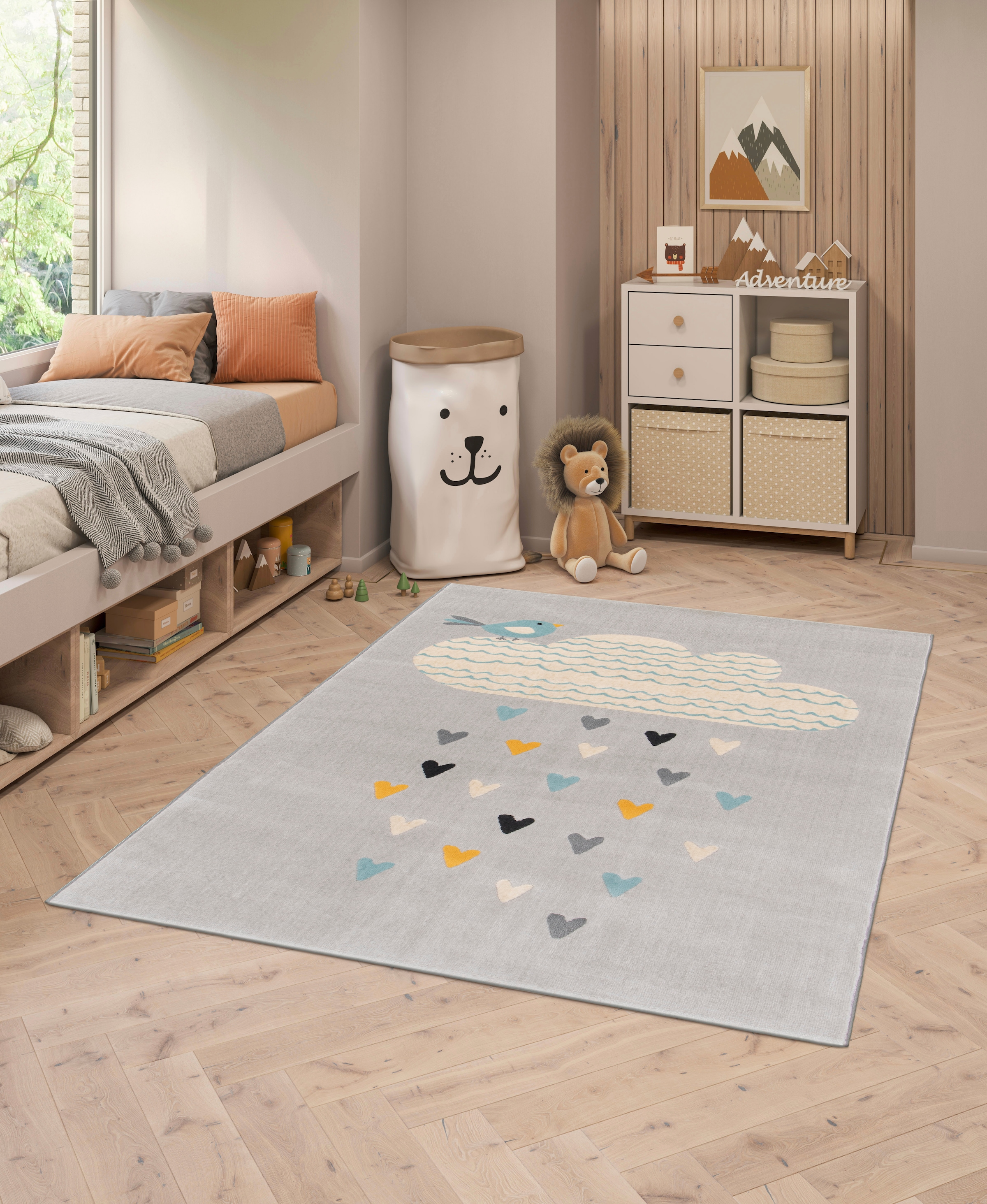 Primaflor-Ideen in Textil Kinderteppich »COCOON - Herzregen«, rechteckig, 6 mm Höhe, Kurzflor, Motiv Wolke & Herzen