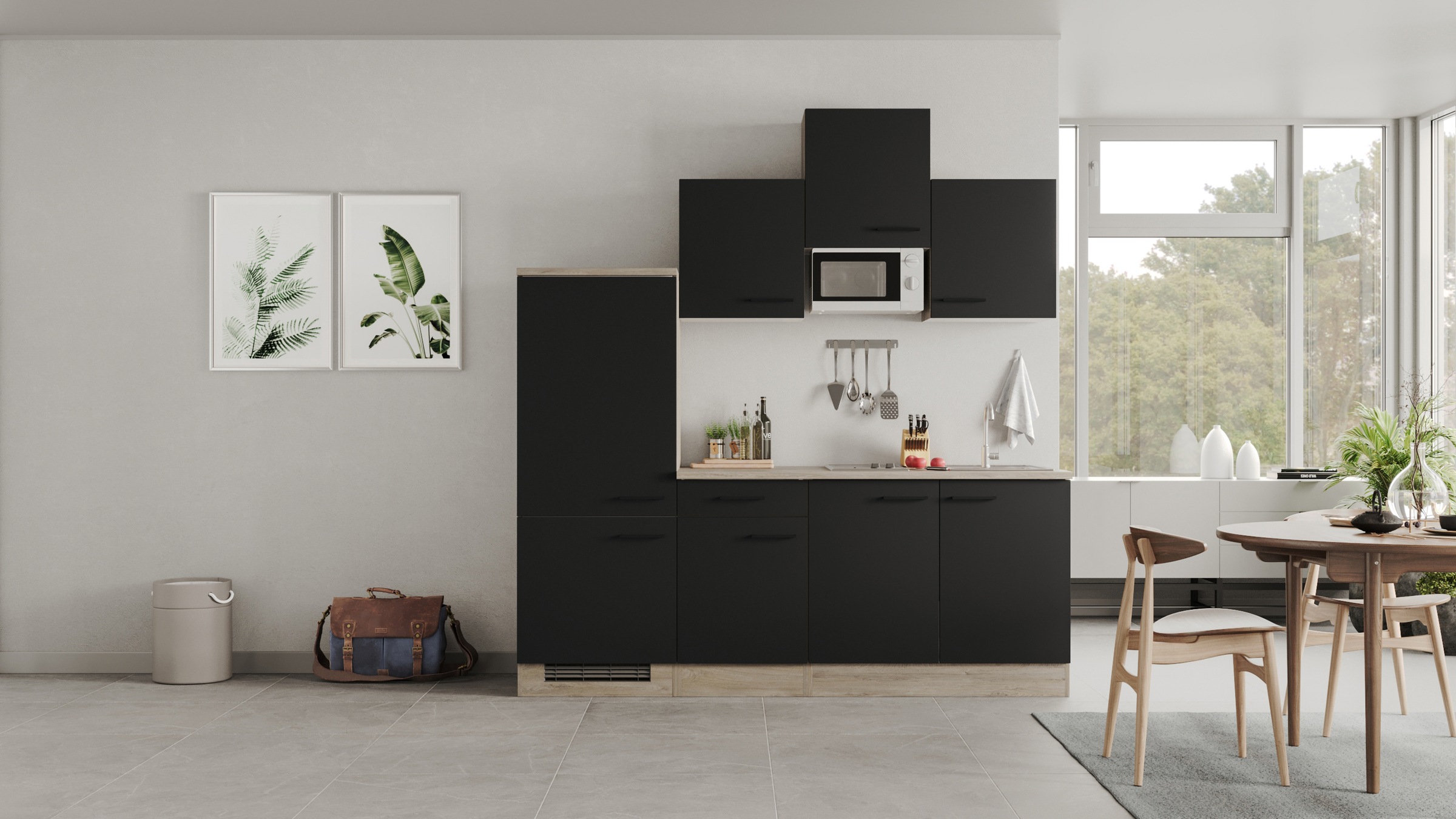 Flex-Well Exclusiv Küchenzeile Capri 210 cm Schwarz Matt-Endgrain Oak günstig online kaufen