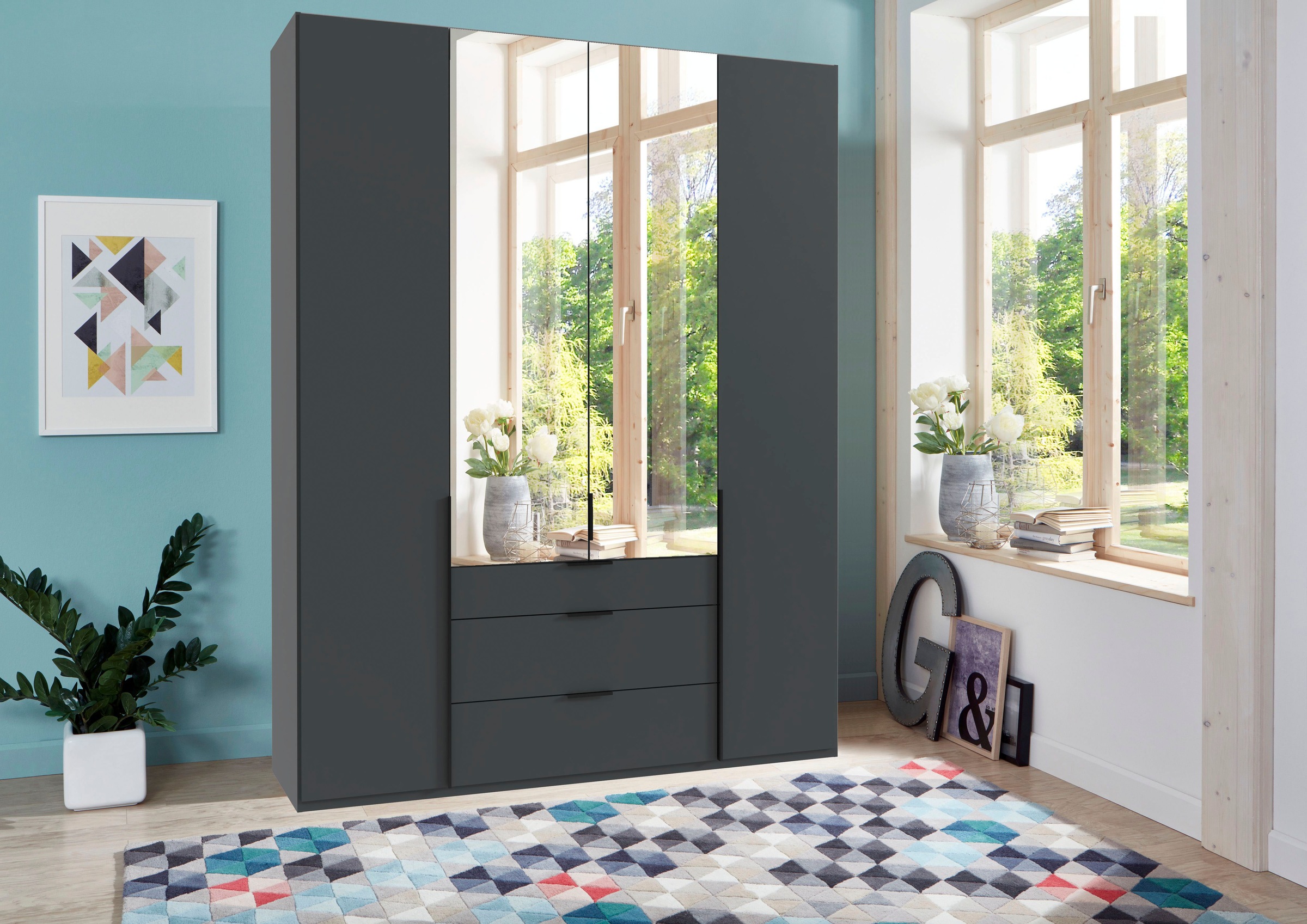 Wimex Drehtürenschrank »Mugano, 135 oder 180cm breit, 208 oder 236cm hoch, Made in Germany«, (mit langen Griffstangen aus Metall), wahlweise mit oder ohne Spiegel, mit Schubladen