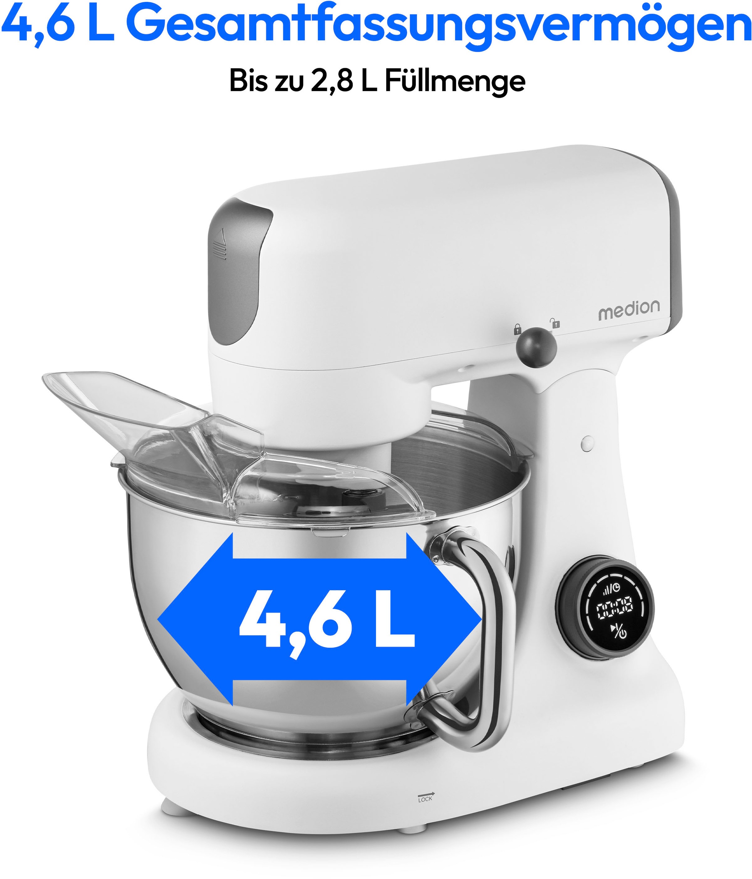 Medion® Küchenmaschine »MD 12600, 8 Geschwindigkeitsstufen, Impulsfunktion, DC-Motor, 4,6 L«, Mit umfangreichem Zubehör-Set, Fleischwolf-Aufsatz, Gemüsereibe
