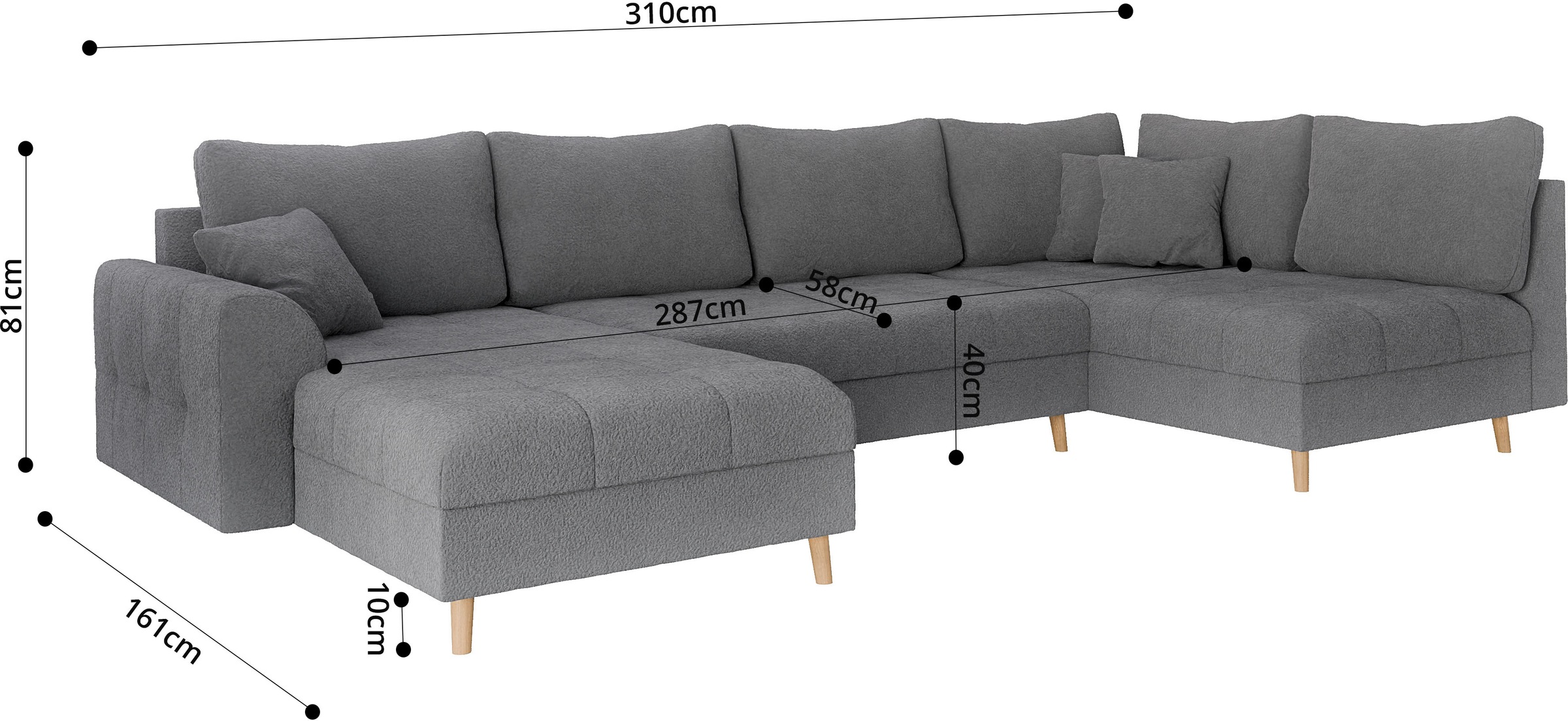 Home affaire Wohnlandschaft »CHARRE U-Form mit Ottomane, Maße B/T/H: 310/161/81 cm«, feine Steppung, lose Rücken- und Zierkissen, auch in Cord und Bouclé