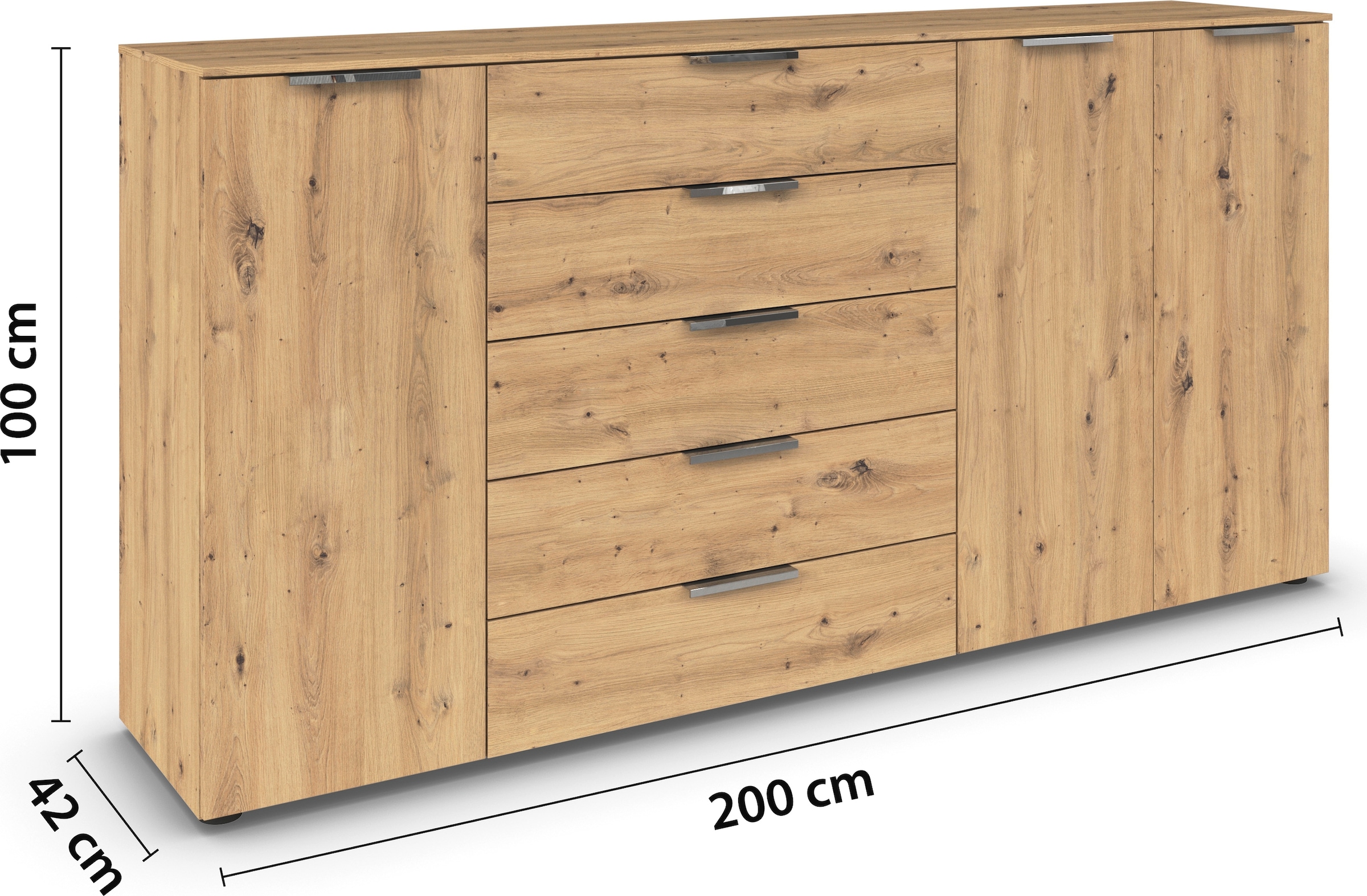 rauch Schubkastenkommode »Kommode Türkommode Sideboard Kombikommode FLIPP«, (Breite 200 cm mit 4 Einlegeböden), 3-türig mit 5 Schubladen und Soft-Close-Funktion