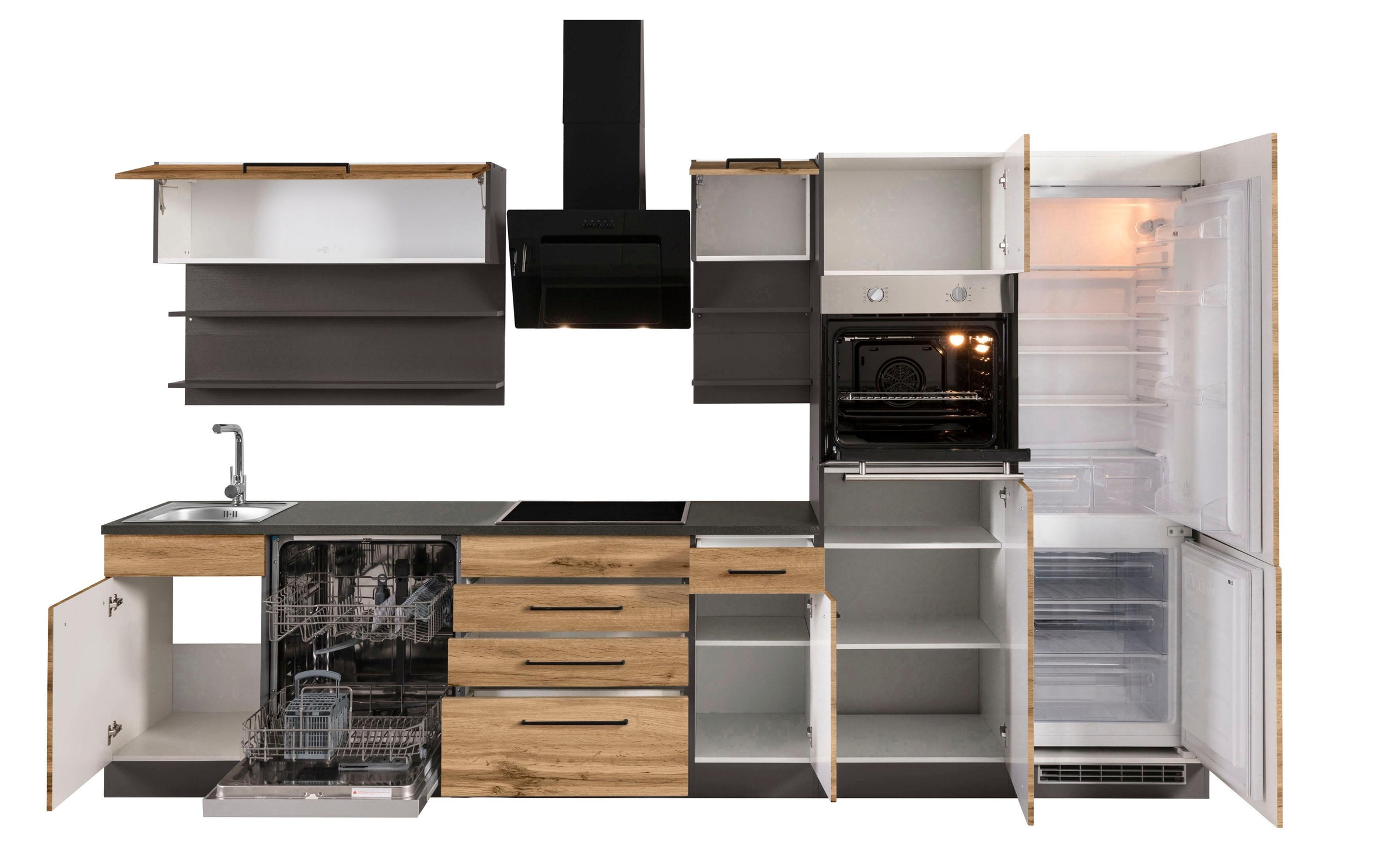 KOCHSTATION Küchenzeile »KS-Tulsa«, ohne E-Geräte, Breite 330 cm, schwarze Metallgriffe, MDF Fronten