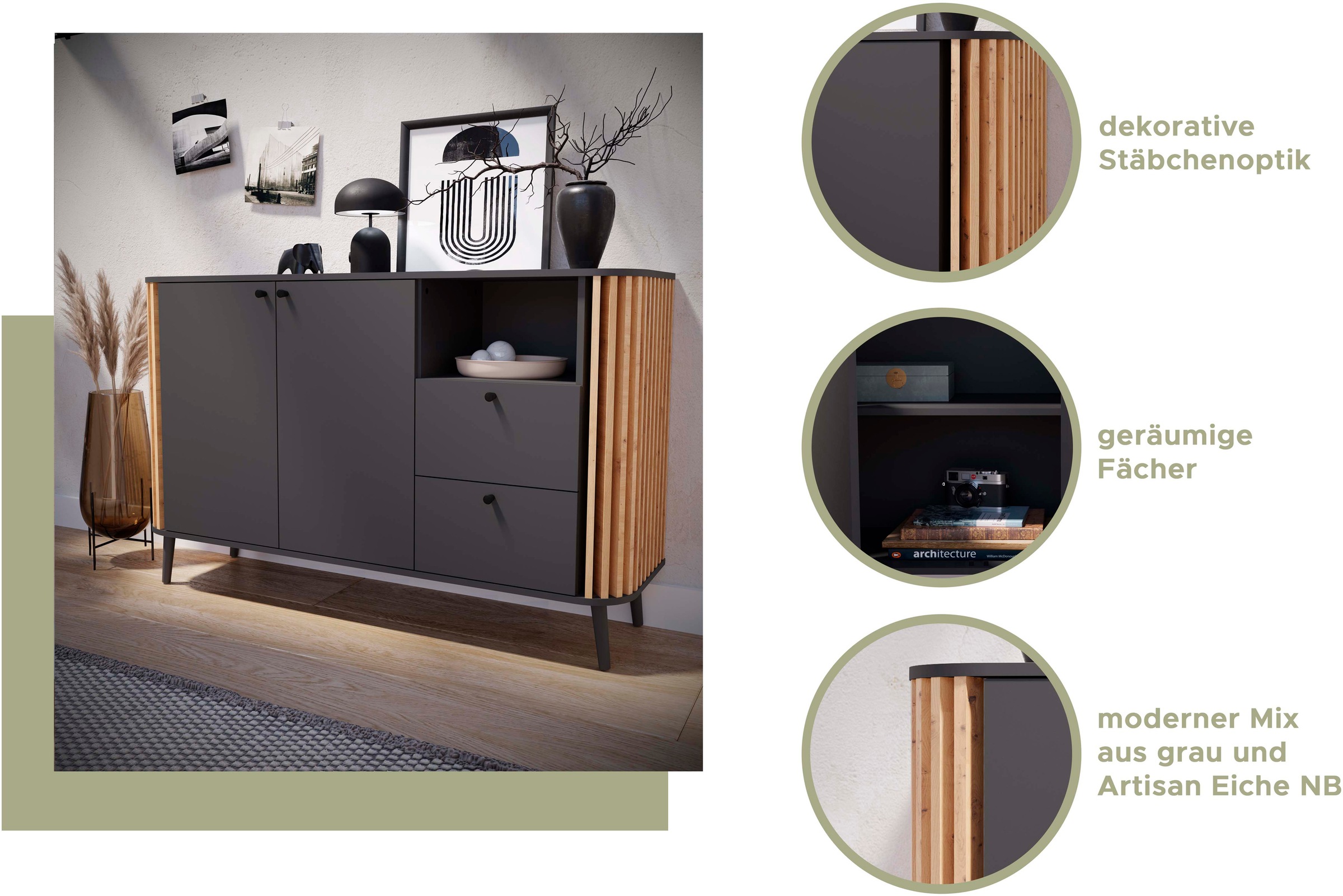 INOSIGN Lowboard »Stavanger, Breite 138cm, Paneel-Stäbchen-Optik, 1 Schubkasten, 2 Türen«, (1 St.), 1 offenes Fach, TV-Möbel, TV-Schrank, TV-Lowboard, Mediaboard