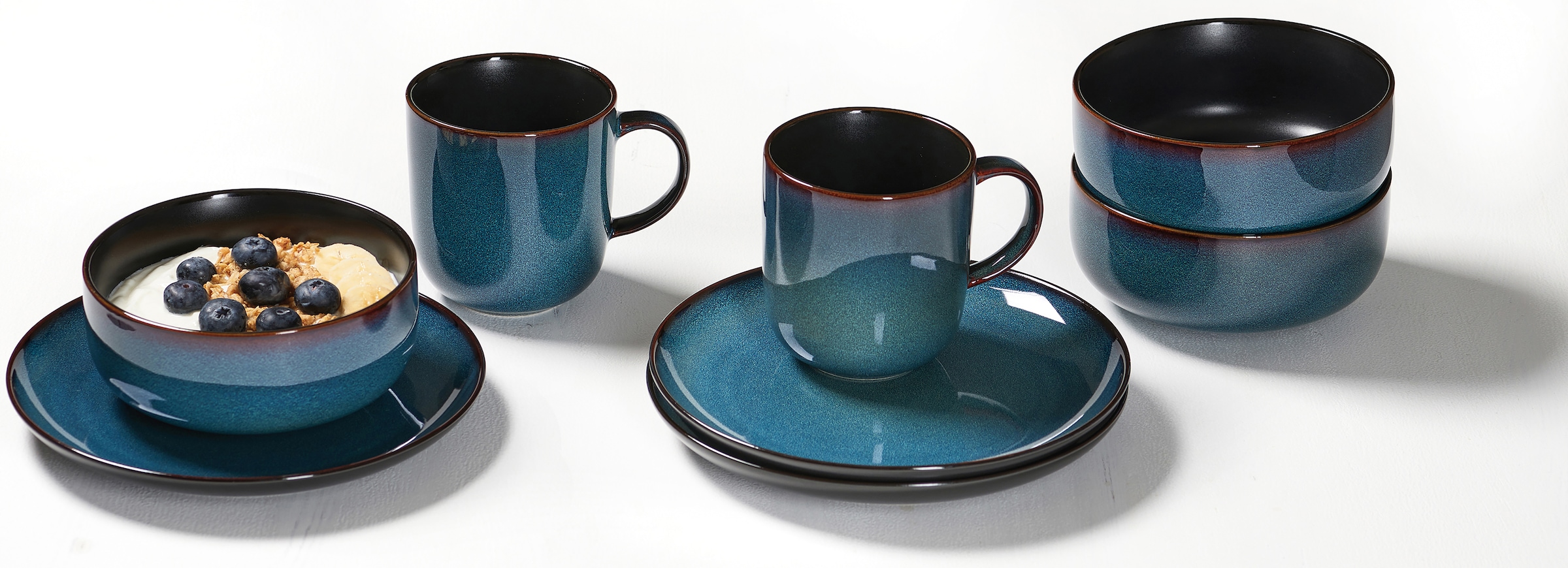 Ritzenhoff & Breker Frühstücks-Geschirrset »Bali (Teller, Schale, Kaffeebecher)«, (Set, 12 tlg., 4 Kaffeebecher (400 m), 4 Schalen (600 m), 4 Teller Flach (Ø 20,5 cm), Reativglasur, jedes Teil ein Unikat, 12 Teile, für 4 Personen