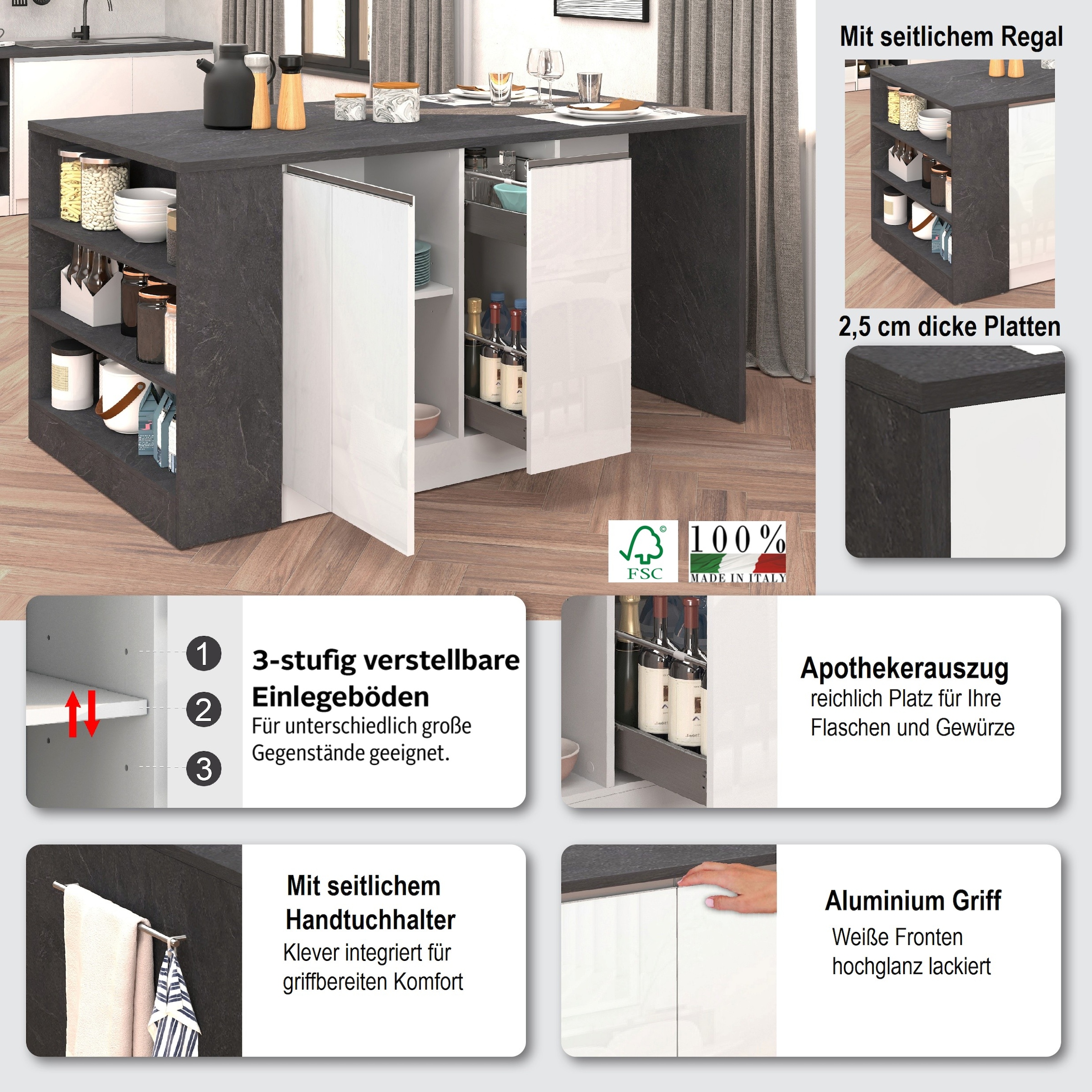 KOCHSTATION Kücheninsel »KS-Sole, Kochinsel, Küchenarbeitsblock, Arbeitsinsel, Made in Italy« Breite 167,5 cm, 2 Apothekerauszüge, 2 Essplätze, 1 offenes Regal
