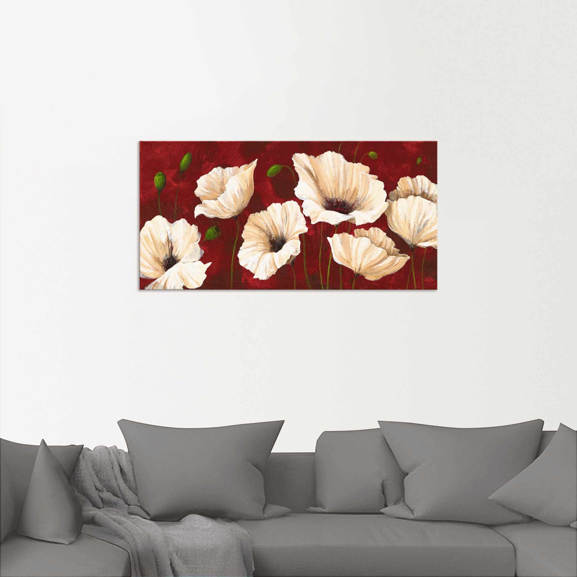 Artland Wandbild »Weiße Mohnblumen vor rot«, Blumen, (1 St.), als Alubild, Outdoorbild, Leinwandbild, Poster, Wandaufkleber