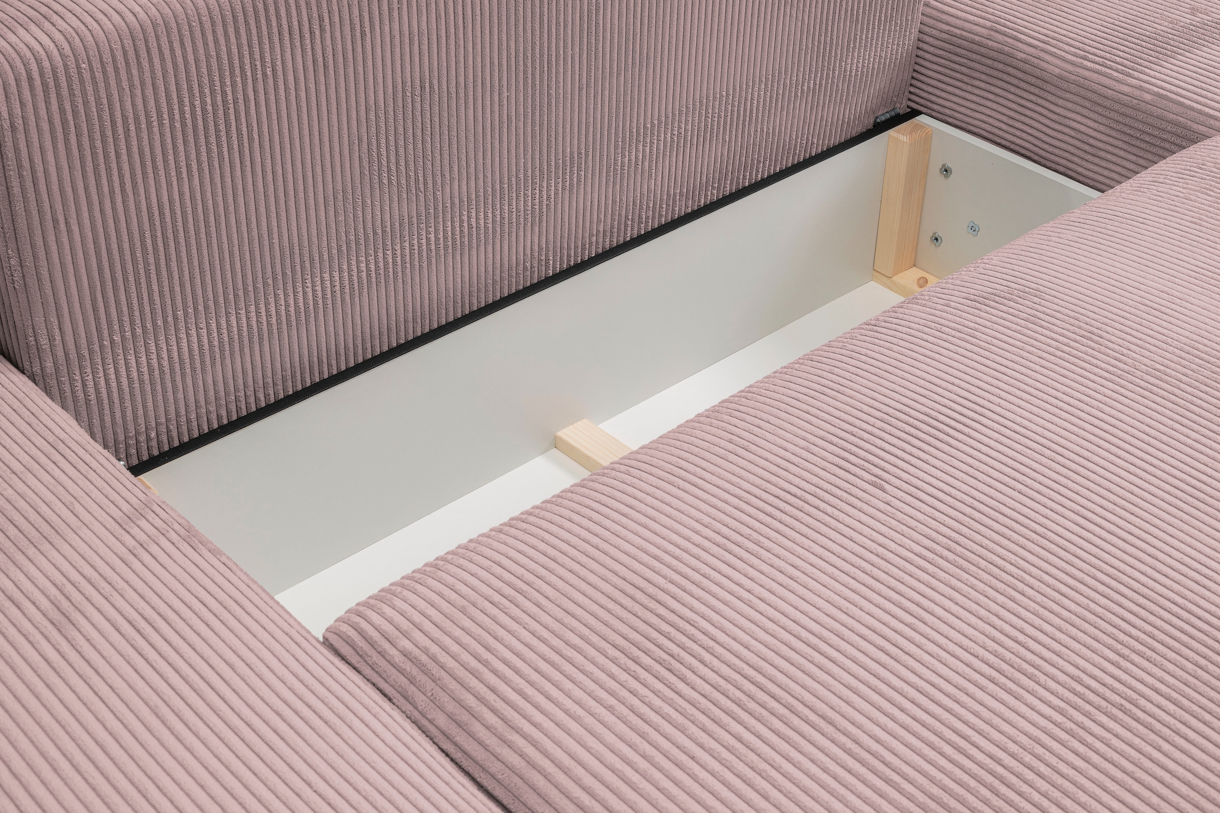 WERK2 Wohnlandschaft »Rotterdam-U, U-Form, in kuschelweichem Cord oder Breitcord«, Design Sofa mit Schlaffunktion & Bettkasten, Cord, Rose