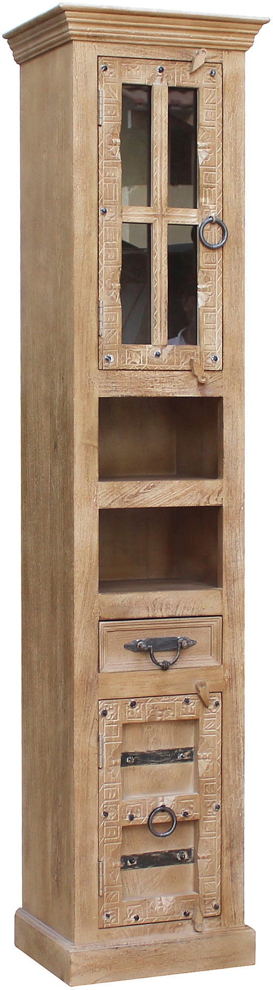 SIT Vitrine »Daipur mit Glastür und 1 Schubkasten. 2 offen Fächer«, geschnitzte Verzierungen, Breite 44/Höhe 188 cm
