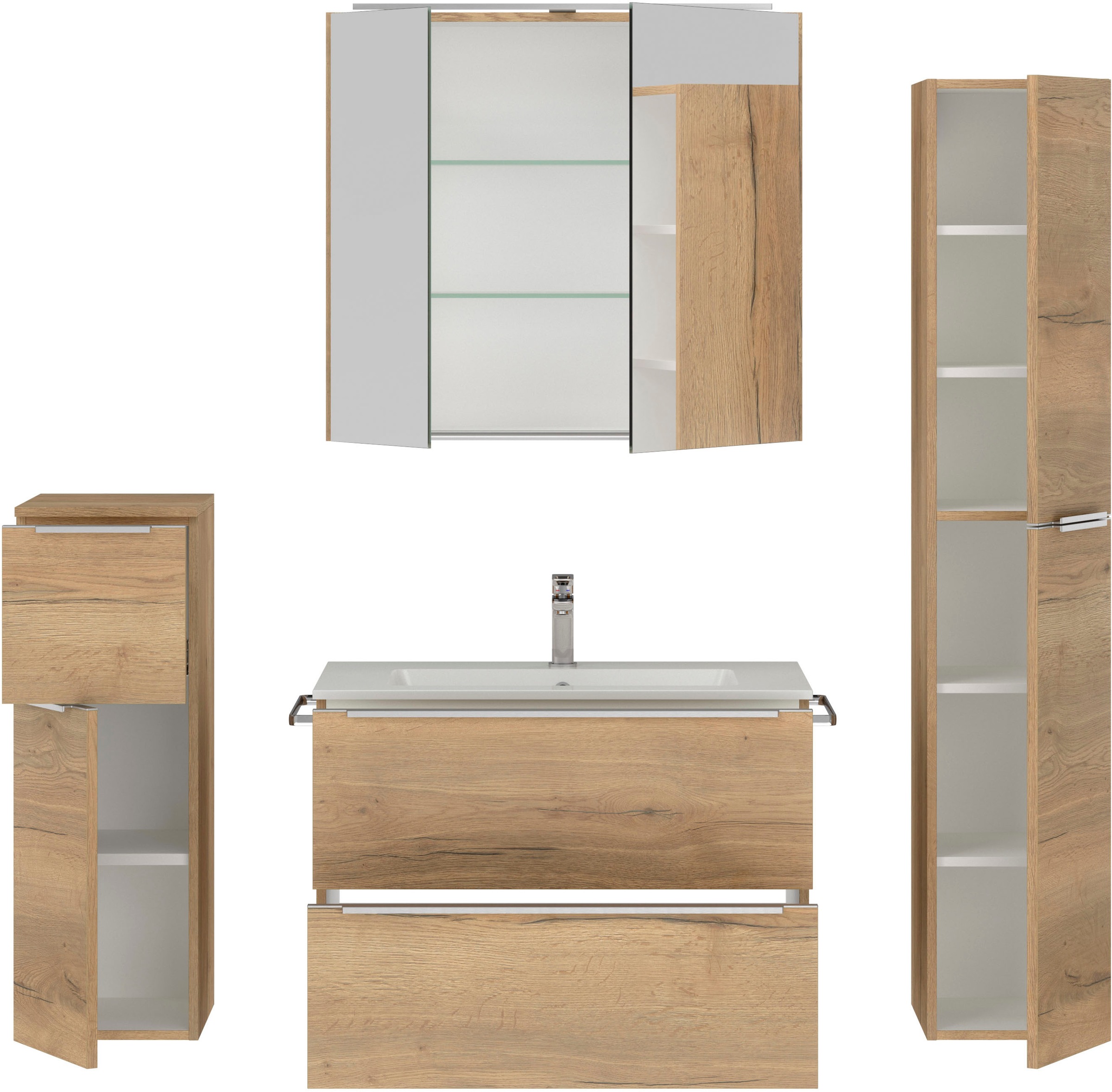 nobilia® Badmöbel-Set »Levere«, (4 St., vormontiert, mit Soft-Close), inkl. Spiegelschrank mit Beleuchtung und Dimmerfunktion, in 4 Breiten