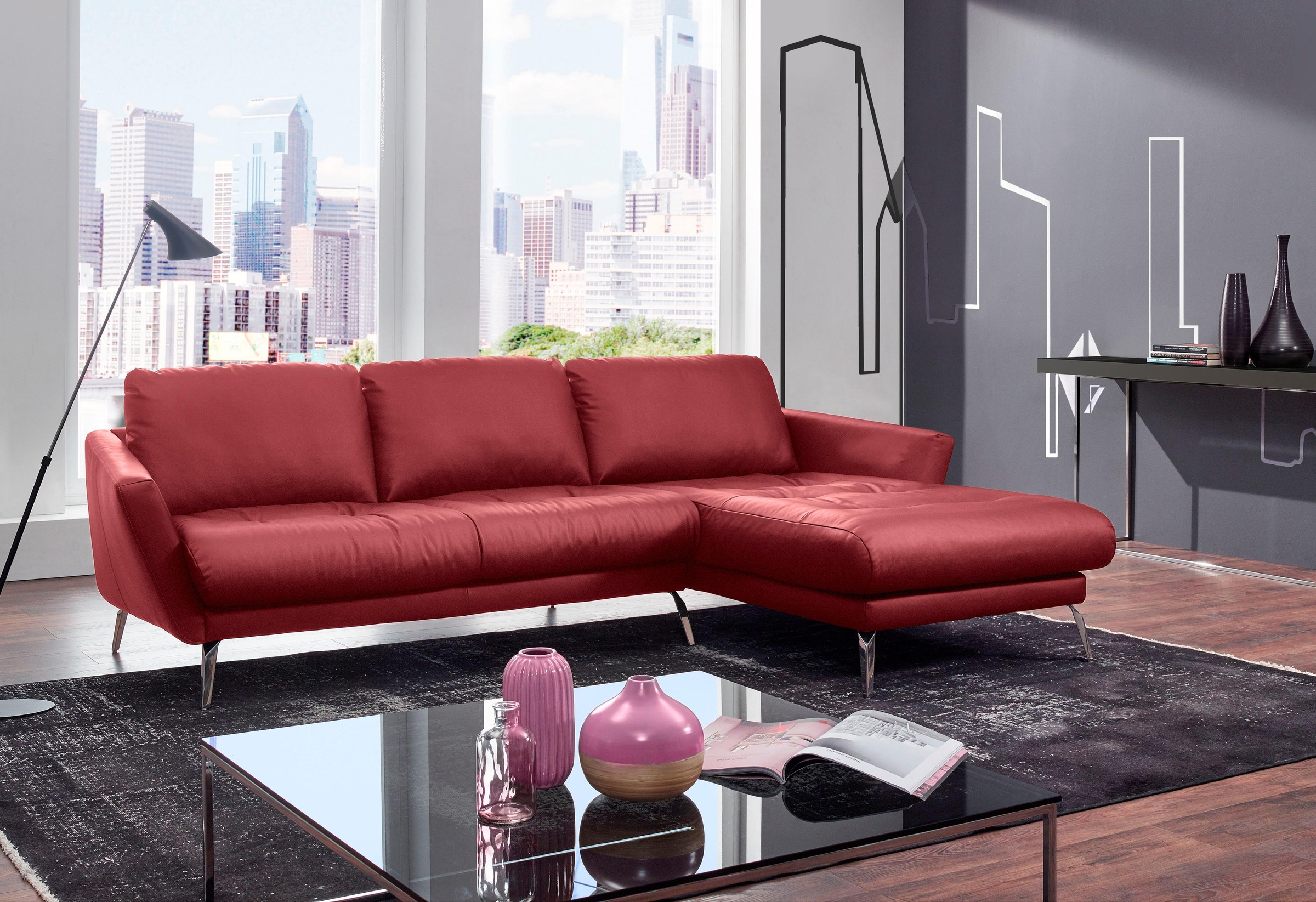 W.SCHILLIG Ecksofa »softy, Designsofa, zeitlos und elegant, hoher Sitzkomfort, L-Form«, mit dekorativer Heftung im Sitz, Füße Chrom glänzend