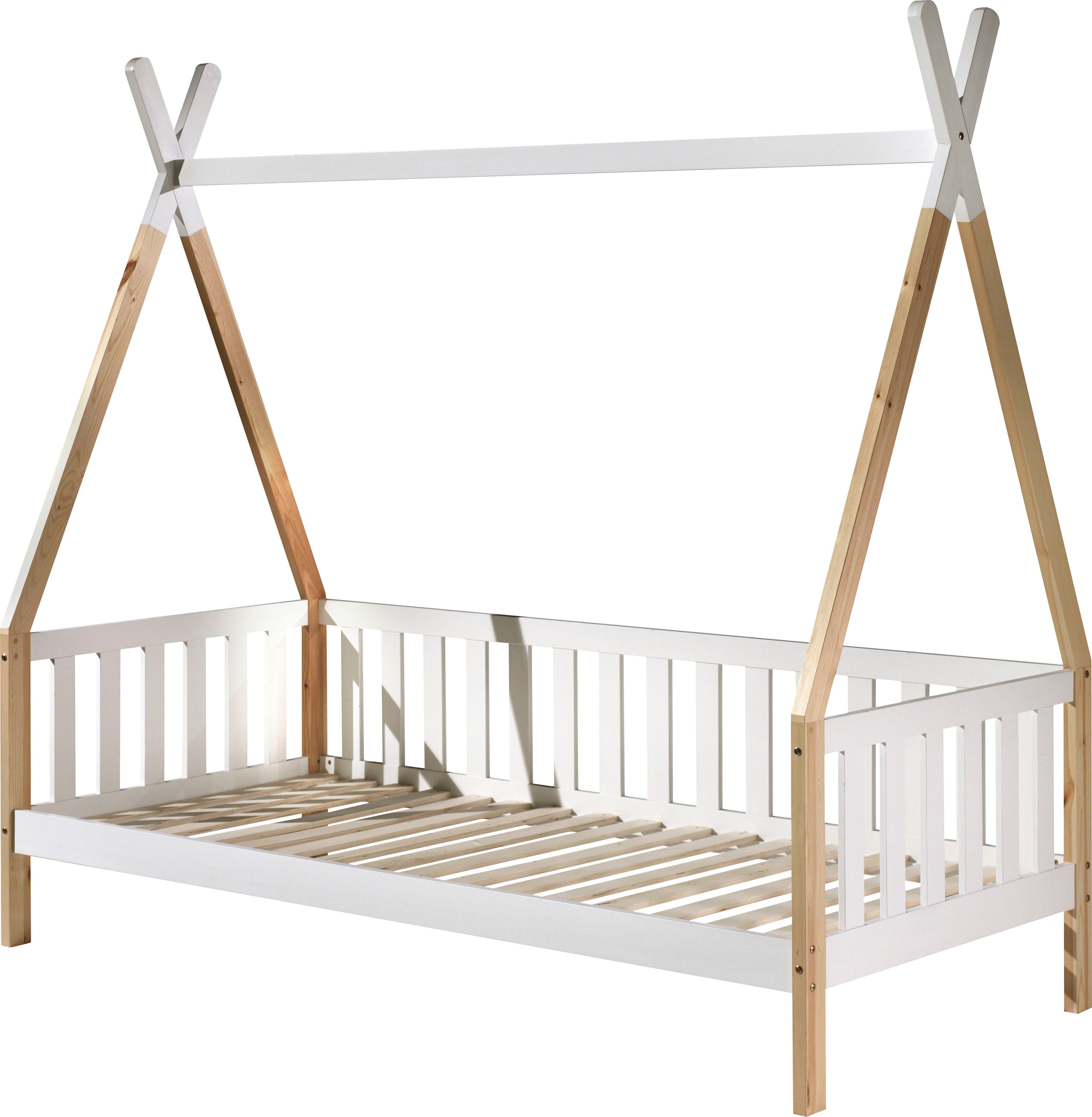 Vipack Kinderbett »Tipi, mit Querstange in Zelt-Optik, Kiefer massiv«, (B/H/T ca. 206x185,1x96cm, seitliche Sprossenumrandung), inklusive Rolllattenrost und wahlweise mit Bettschublade