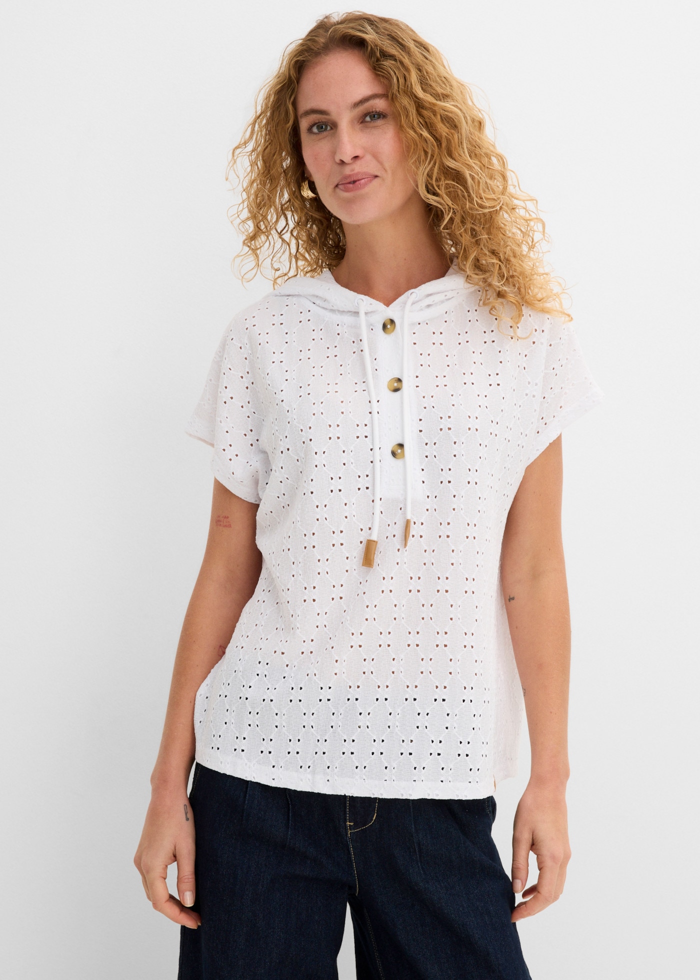 bonprix Henleyshirt lockerer Schnitt, Oversize-Passform, mit Kapuze, Kurzarm-Design