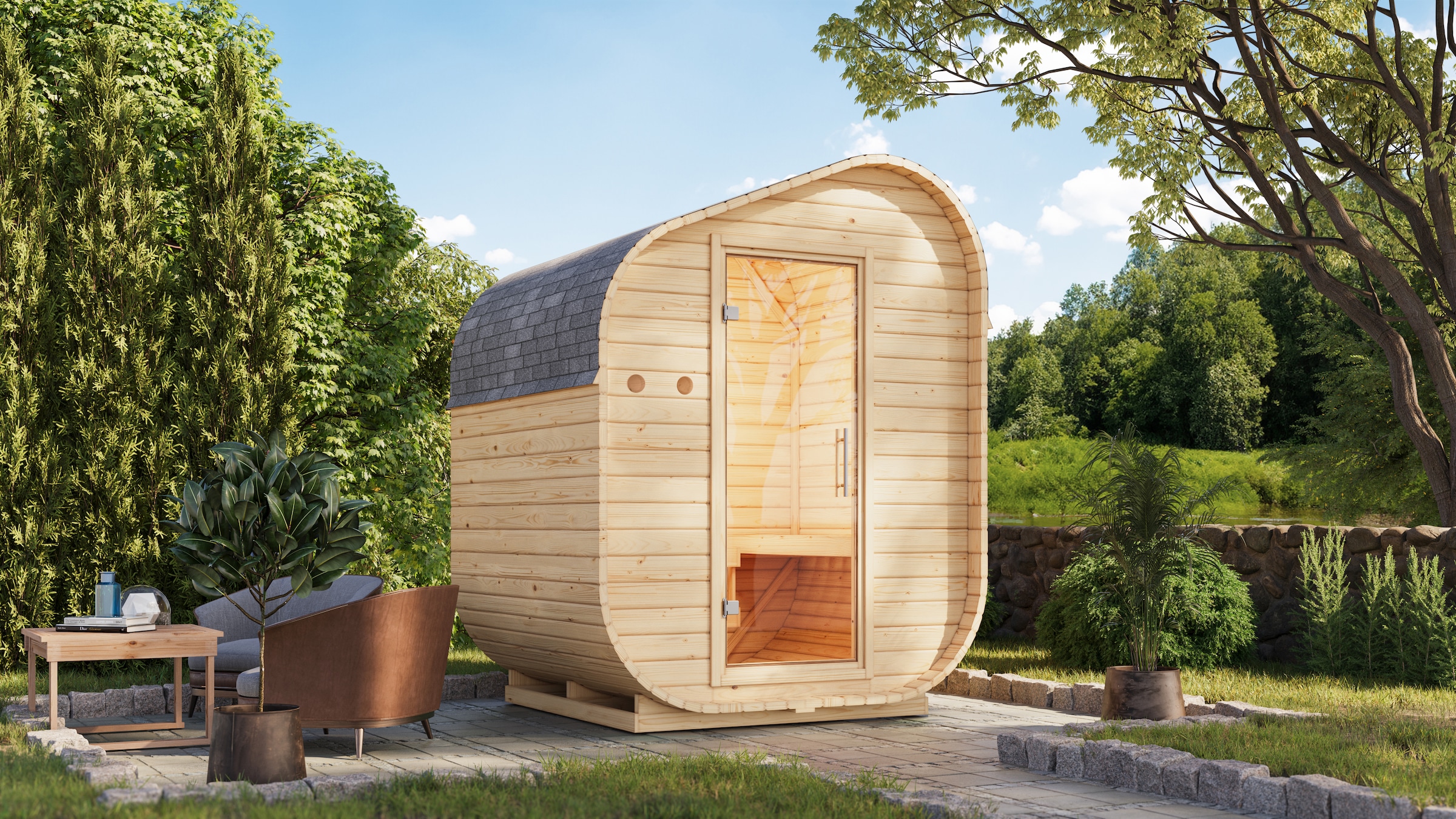 Karibu Fasssauna »"Asymmetrisch 1" SET, naturbelassen, mit Ofen 9 kW« aus h günstig online kaufen