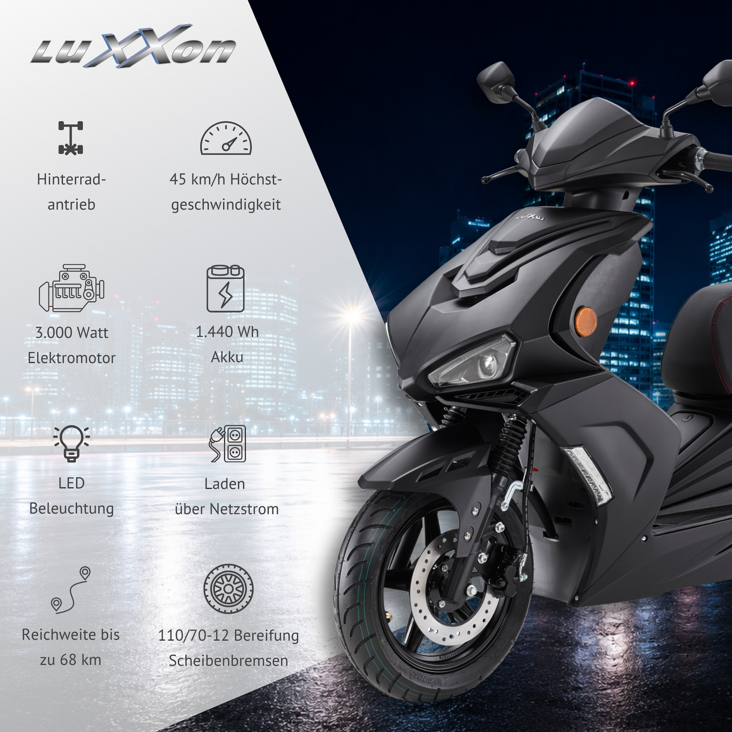 Luxxon E-Motorroller »LuXXon F18e (45km/h)« Elektroroller mit Straßenzulassung, LED-Paket