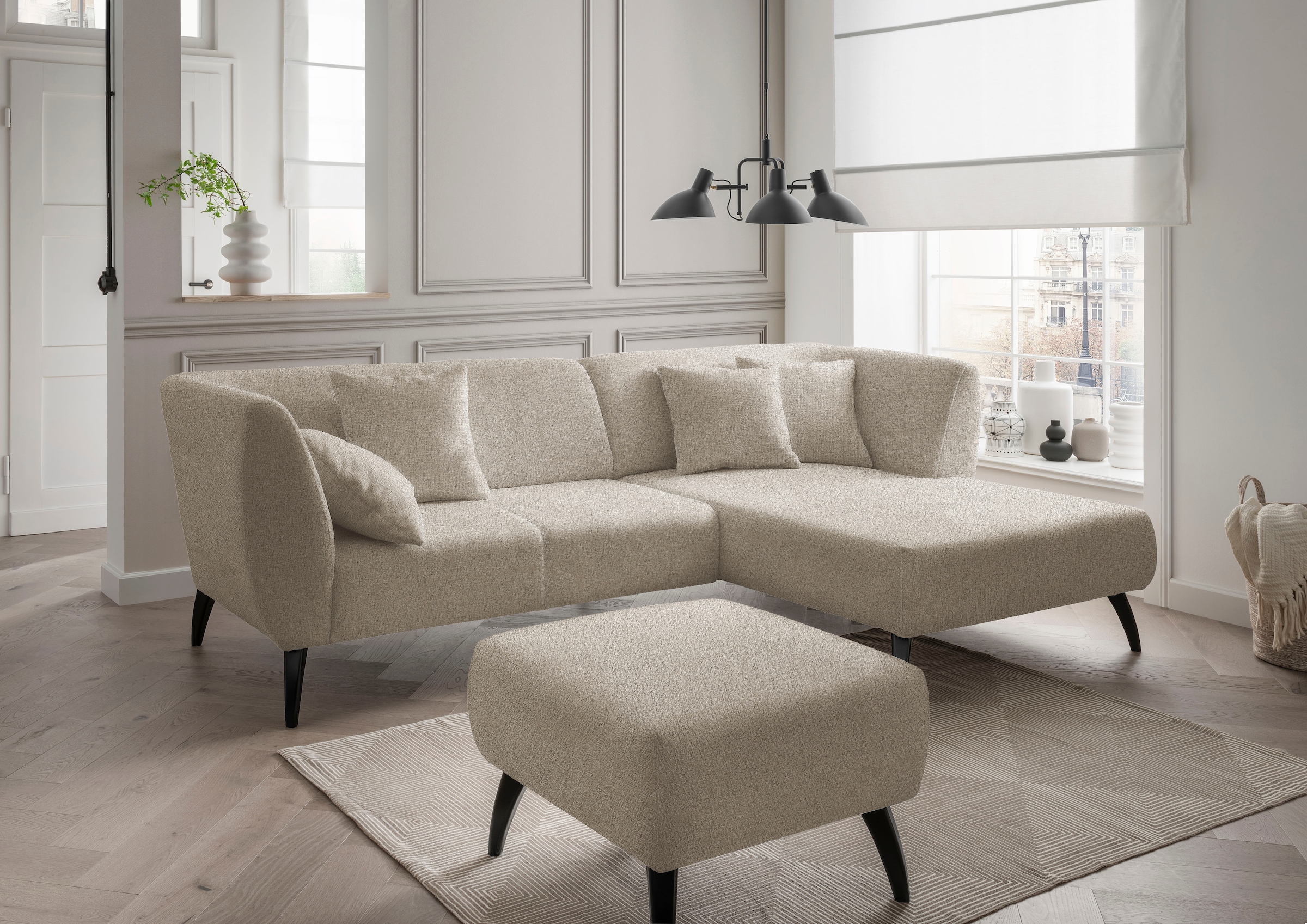 INOSIGN Ecksofa »Colori L-Form«, Holzfußfarbe wählbar, inkl. 4x Zierkissen günstig online kaufen