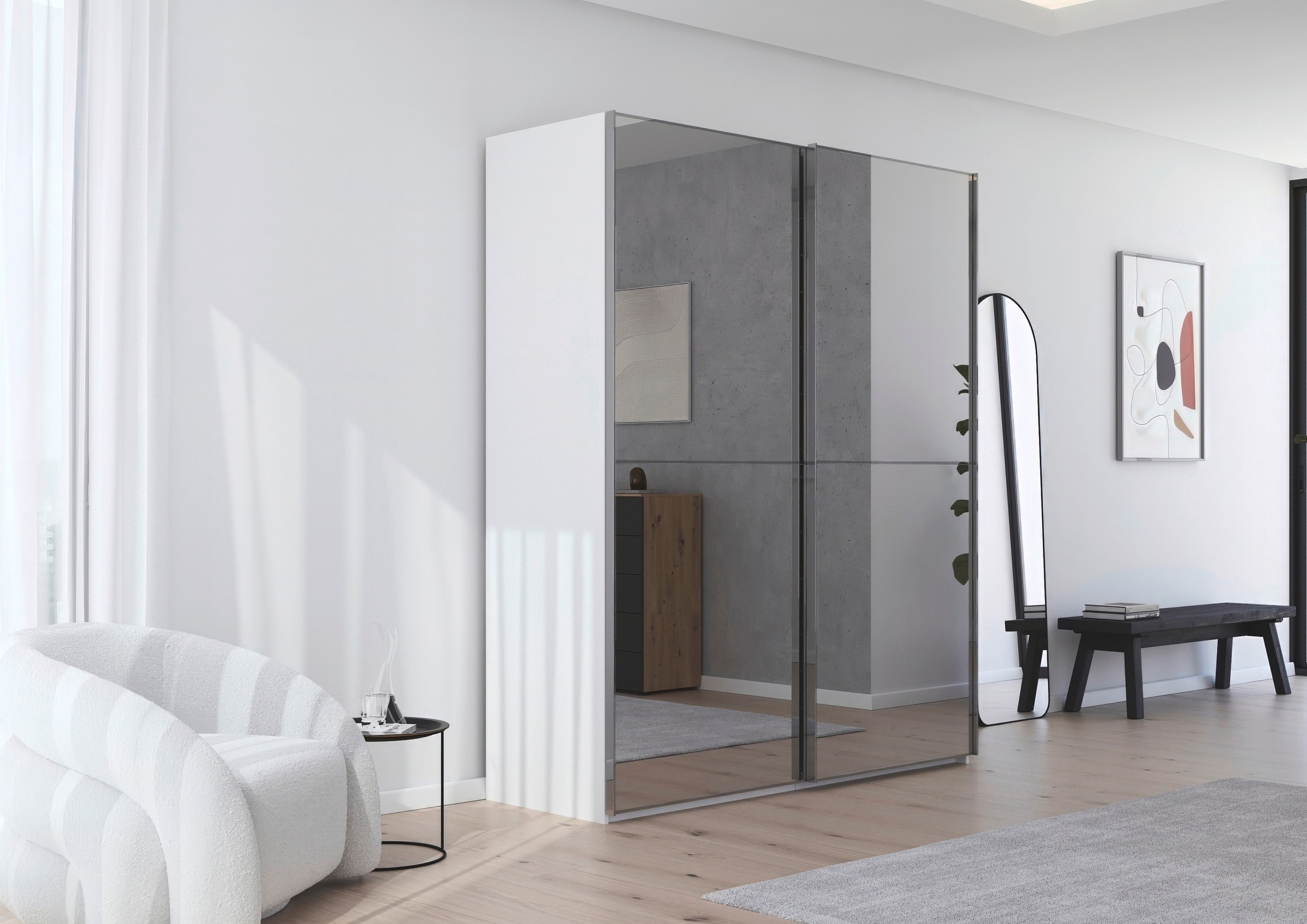 rauch Schwebetürenschrank »Kleiderschrank Schrank Garderobe Schlafzimmerschrank SCALE-DUO«, edle zweigeteilte Türen Spiegelfront und 3 Zierleisten MADE IN GERMANY