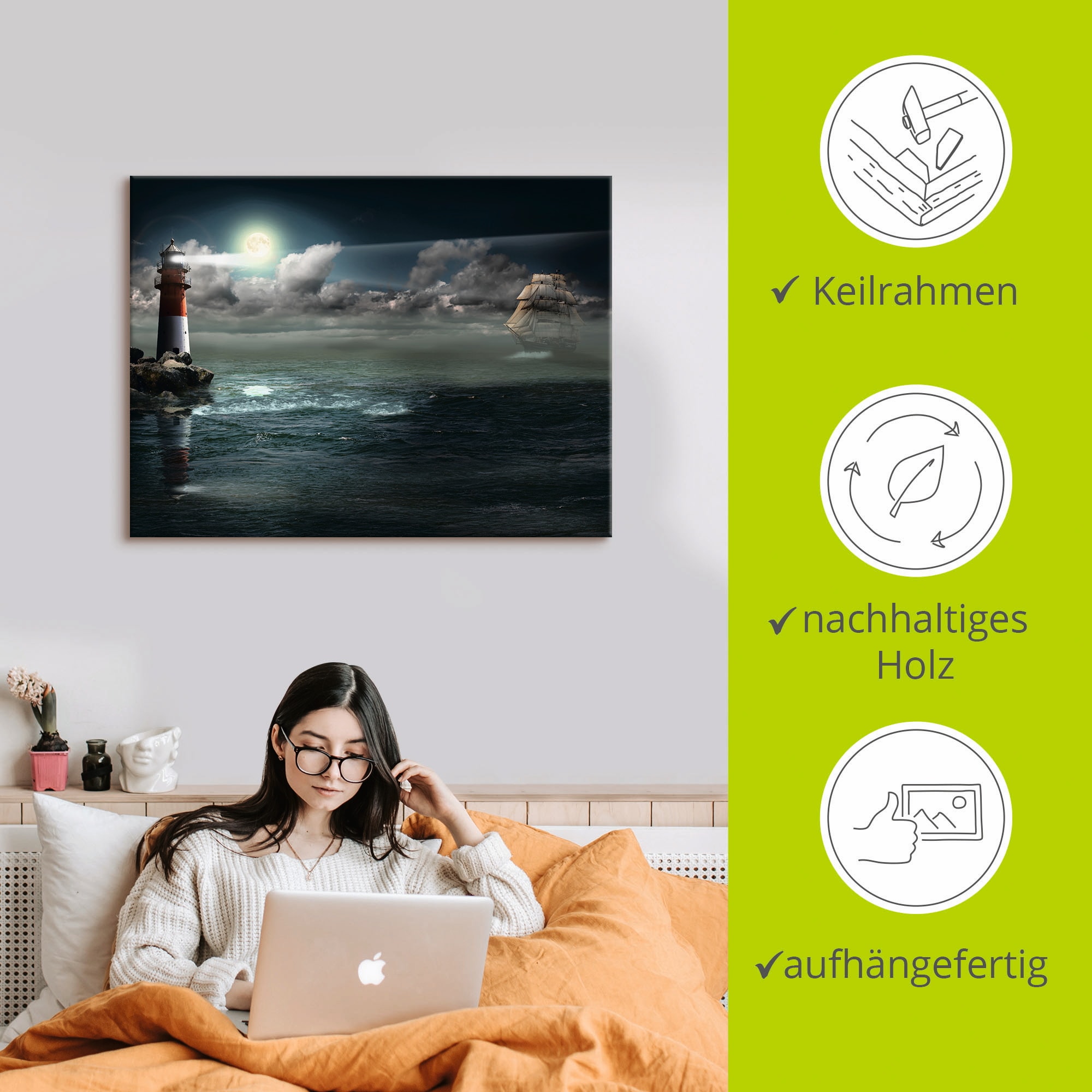 Artland Wandbild »Leuchtturm unter Beleuchtung«, Gebäude, (1 St.), als Leinwandbild, Poster in verschied. Größen