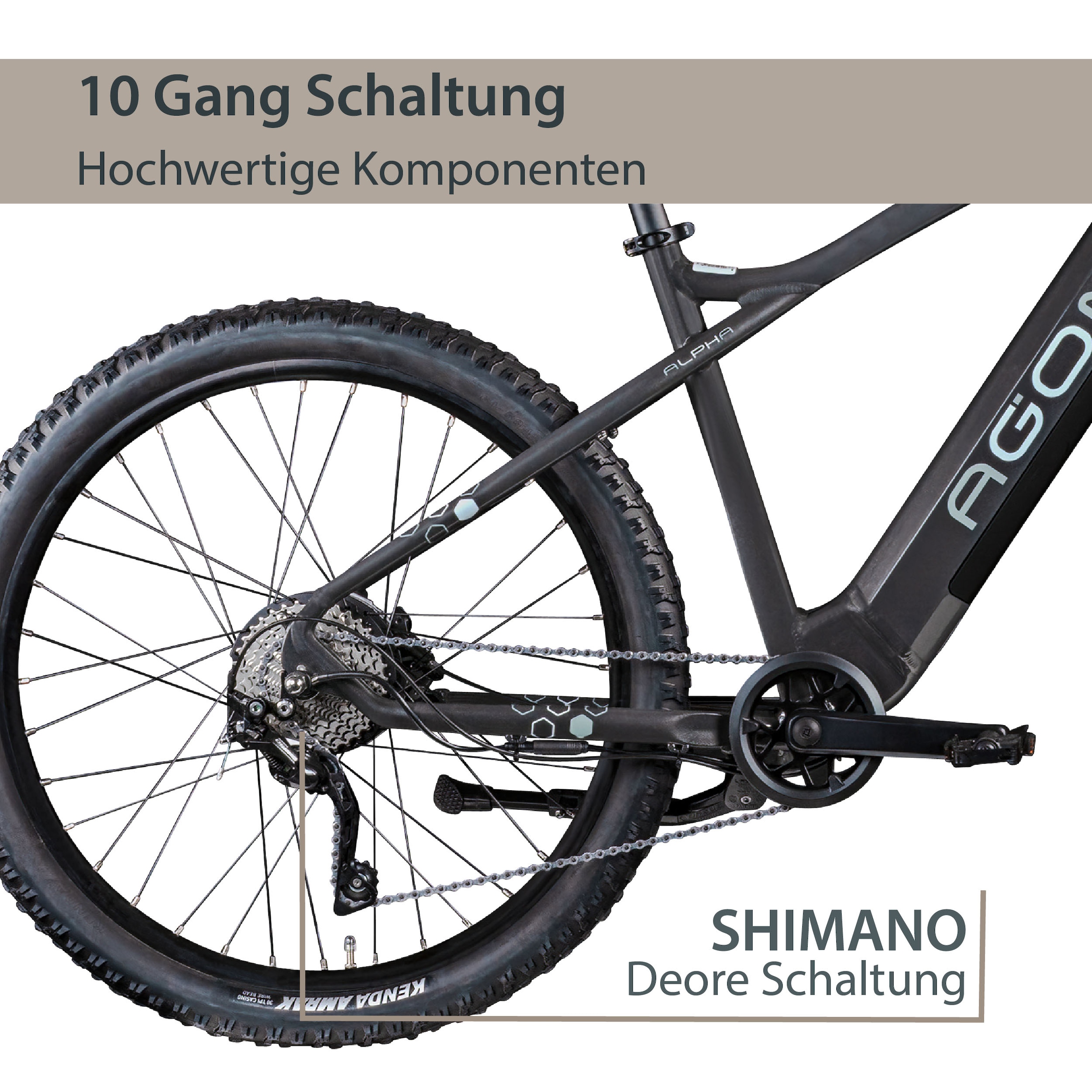 AGON E-Bike »Alpha«, 10 Gang, Deore SGS T6000, Heckmotor 250 W, Pedelec, Elektrofahrrad für Damen u. Herren, MTB