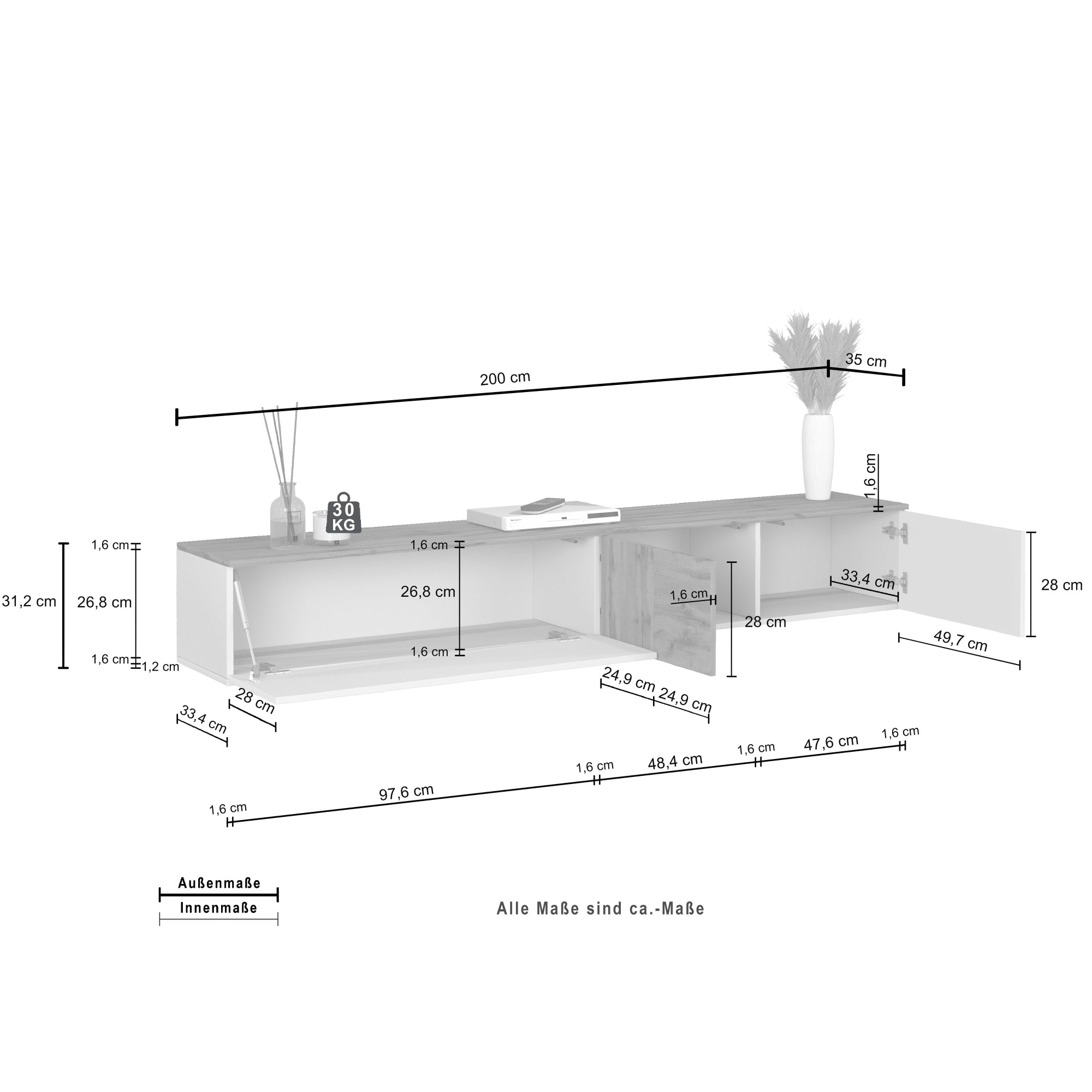 INOSIGN Lowboard »Lowboard ISEO,Lowboard,TV-Kommode,TV-Möbel,TV-Bank« 1 Stk. tlg. stehend/hängend, 1 Klappe, 2 Türen, 3 Fächer, Breite 210 cm