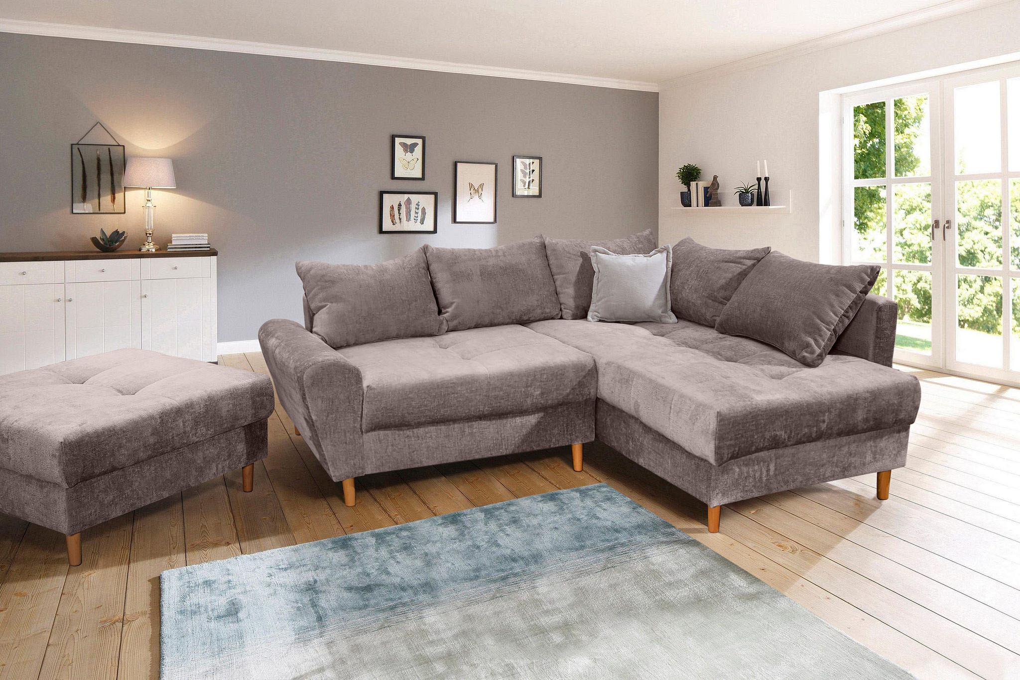 COLLECTION AB Ecksofa »Reims L-Form«, Ottomane beidseitig montierbar, inkl. Bettfunktion und Hocker