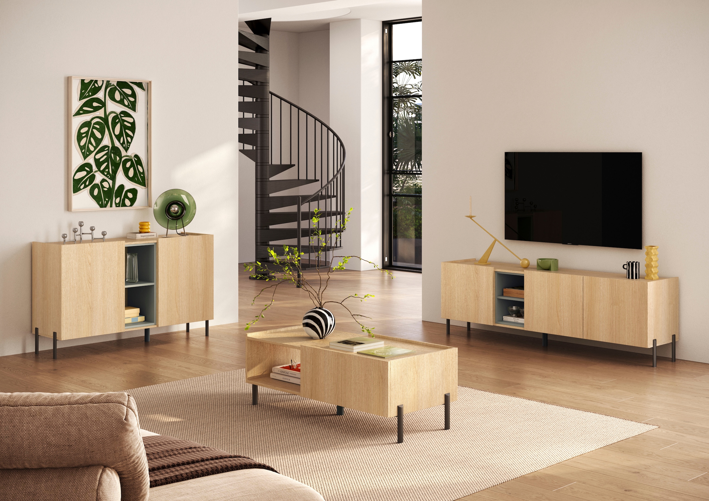 OTTO home Lowboard »Badia, 182 cm breit, 3 Türen, Mediaboard, TV-Schrank« Innenliegendes Top, gerade Metallfüße, salbeigrüne Farbakzente
