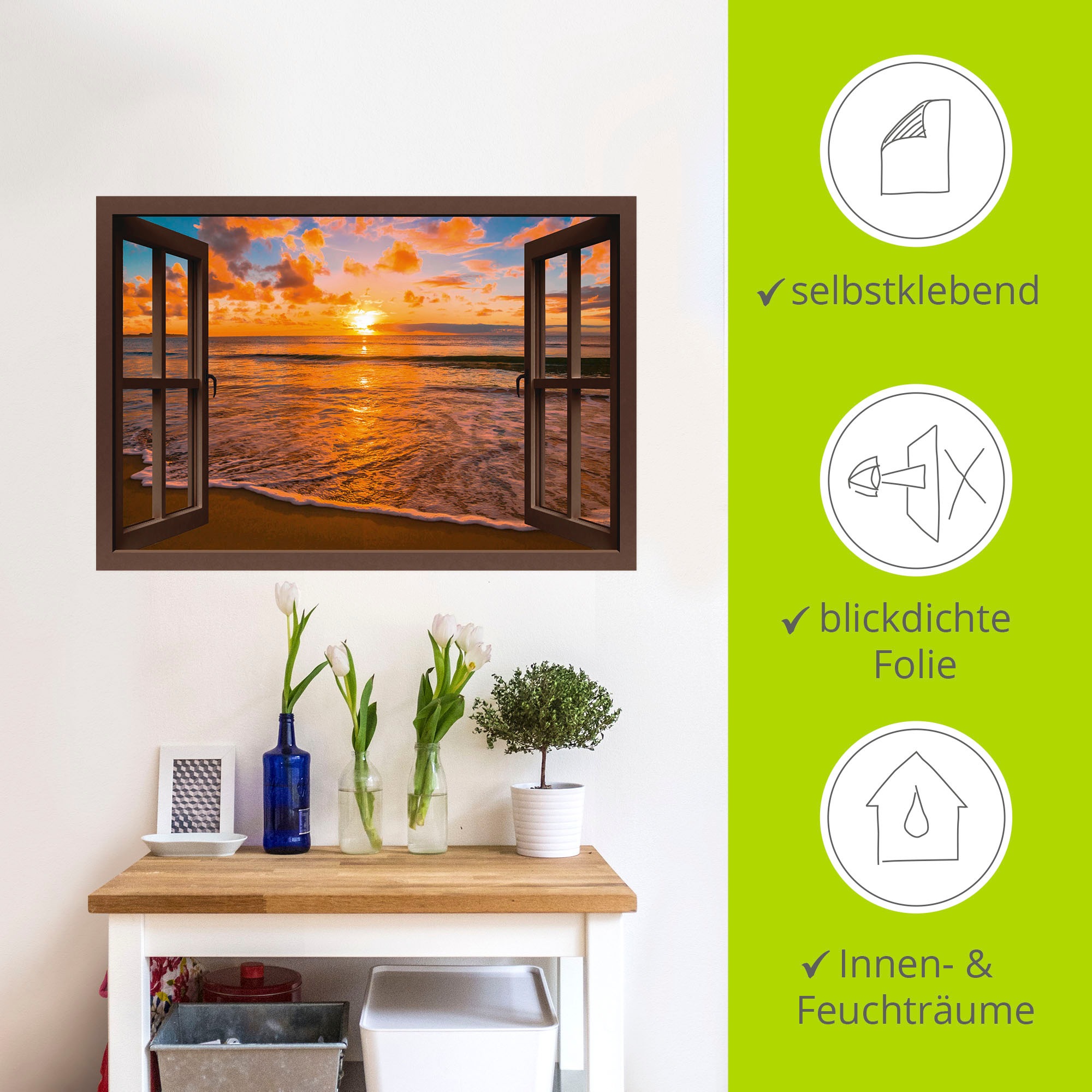 Artland Wandbild »Fensterblick Sonnenuntergang am Strand«, Sonnenaufgang & -untergang, (1 St.), als Leinwandbild, Poster, Wandaufkleber in verschied. Größen