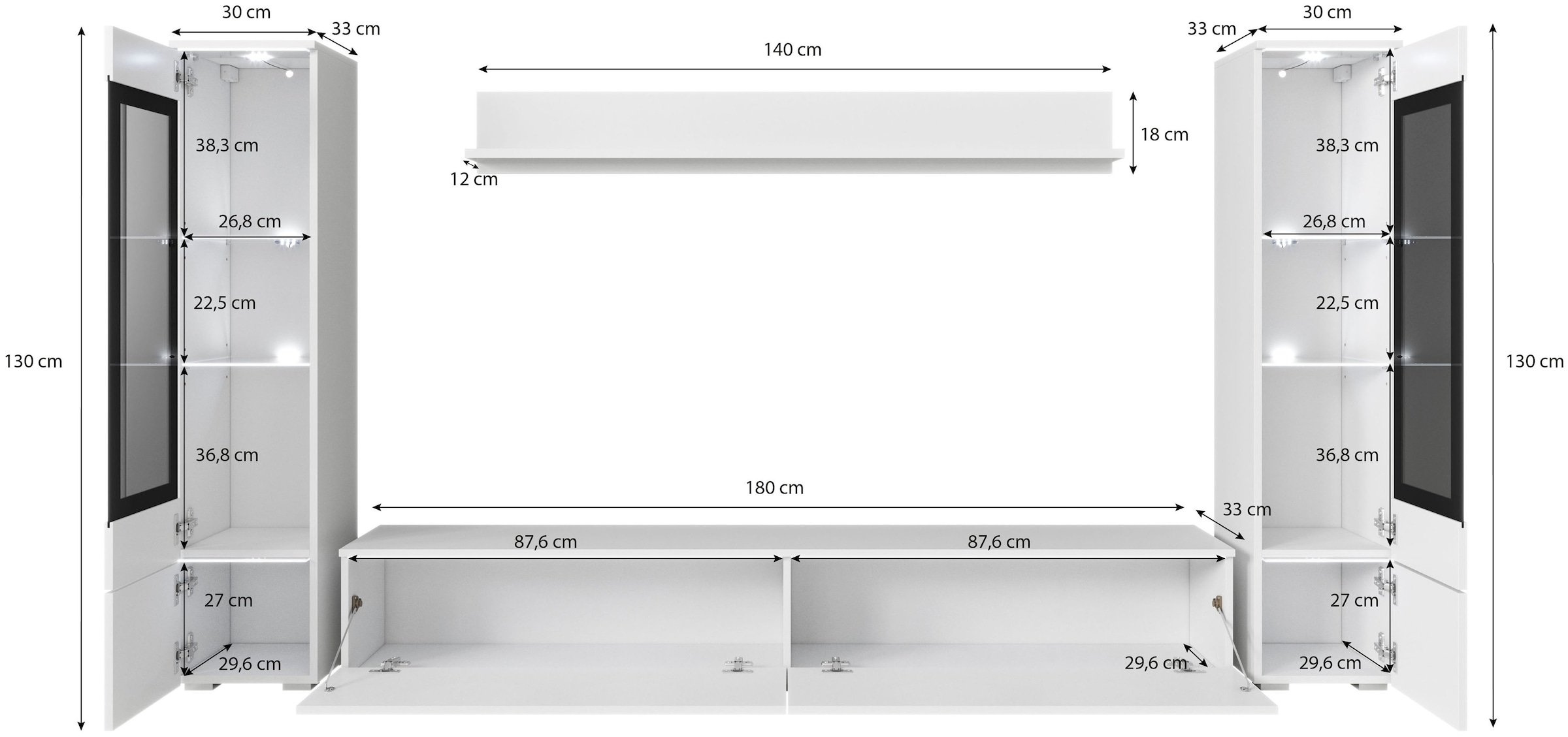 INOSIGN Wohnwand »VERA II, Vitrinen Türanschlag wechselbar«, (Komplett-Set, 4 St.), Mediawand 260 cm, Vitrine mit Verglasung, stehend und hängend