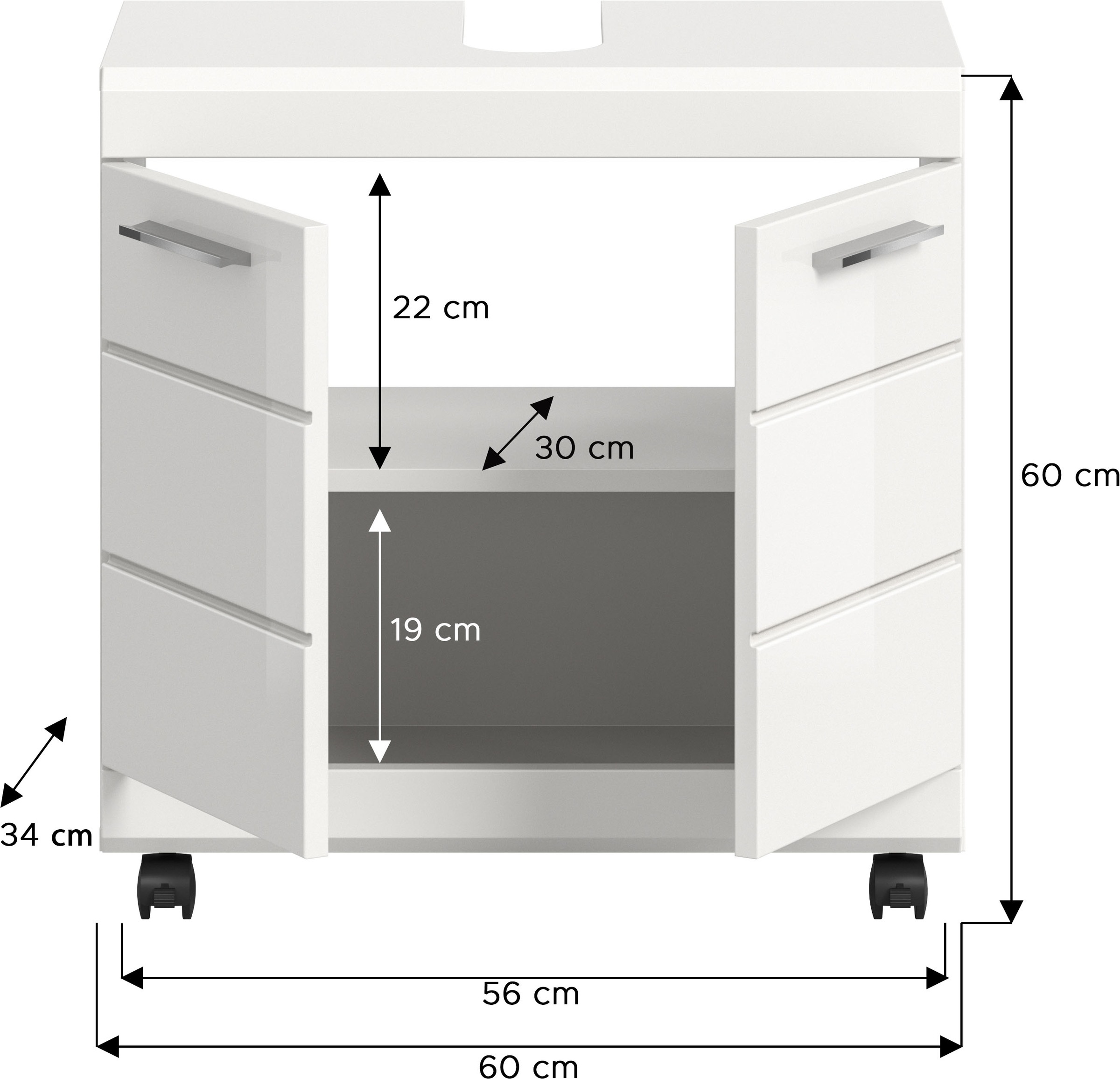 welltime Waschbeckenunterschrank »SIENA, Breite 60cm,  2 Türen, auf Rollen, MDF-Front« TOPSELLER! , mit Siphonausschnitt 10x25 cm,  in verschiedenen Farben erhältlich, Badmöbel, Badschrank, Kommode, Bad