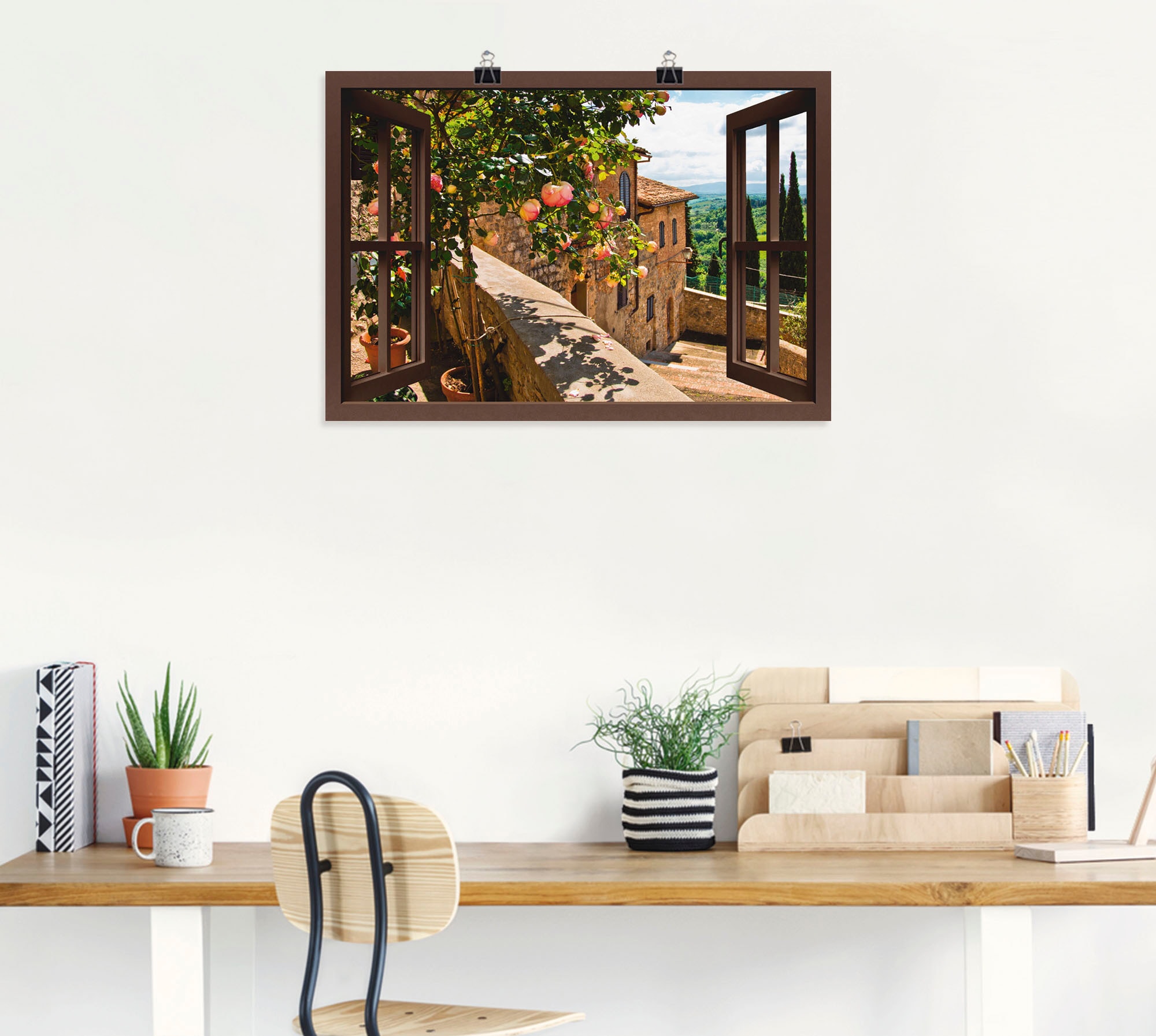 Artland Wandbild »Fensterblick Rosen auf Balkon Toskana«, Garten, (1 St.), als Alubild, Outdoorbild, Leinwandbild, Poster, Wandaufkleber