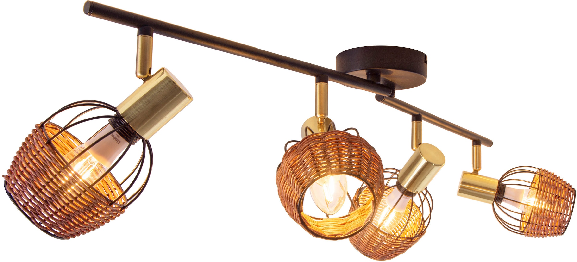 näve Deckenspots »Corbis« E14 1 Stk. 4 Spots excl. E14 max. 40W schwarz/natur/gold Länge 78cm mit Rattan