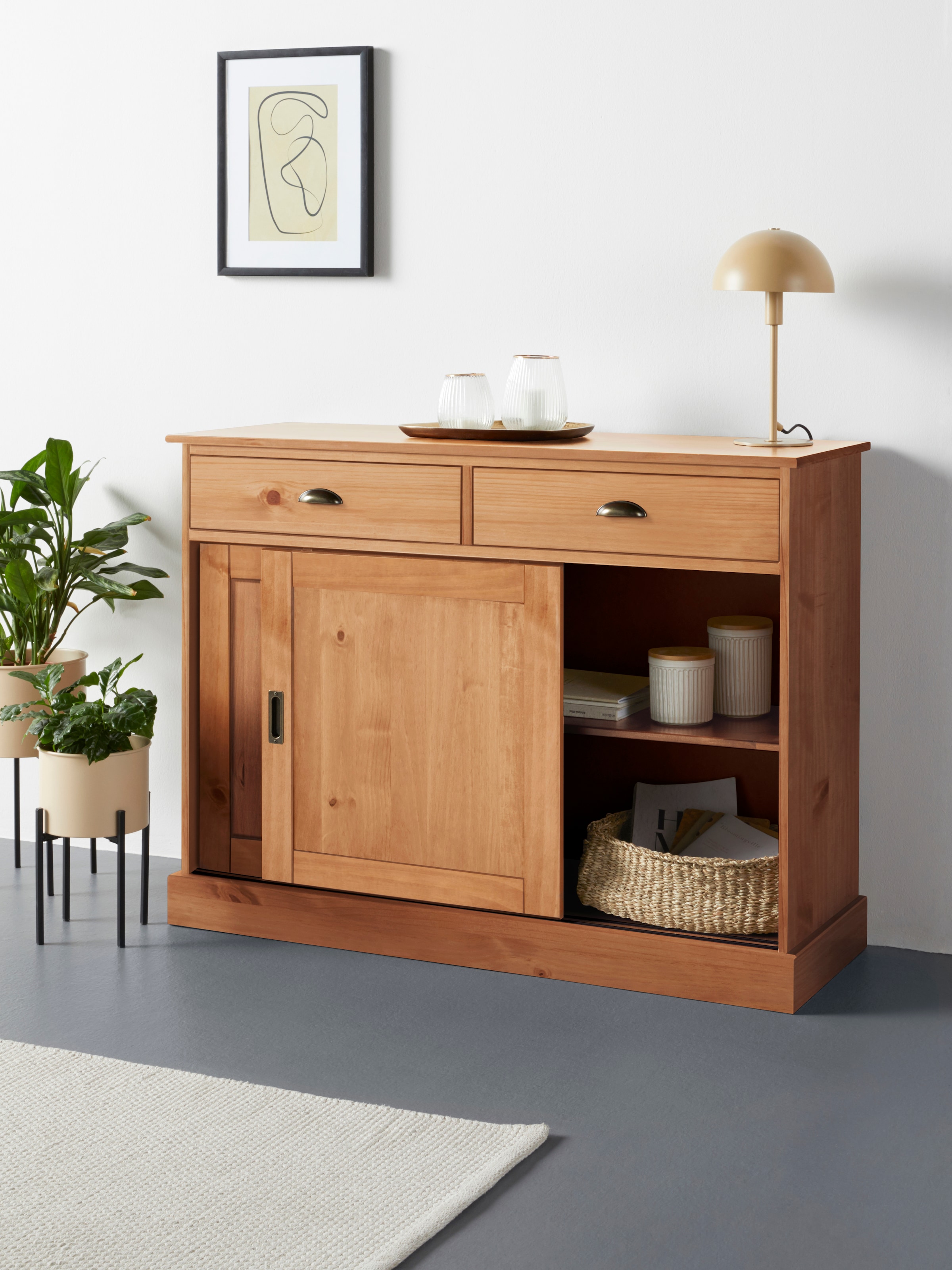 Home affaire Sideboard »Schröder«, Kommode, 2 Schiebetüren, 2 Schubkasten, aus massivem Kiefernholz