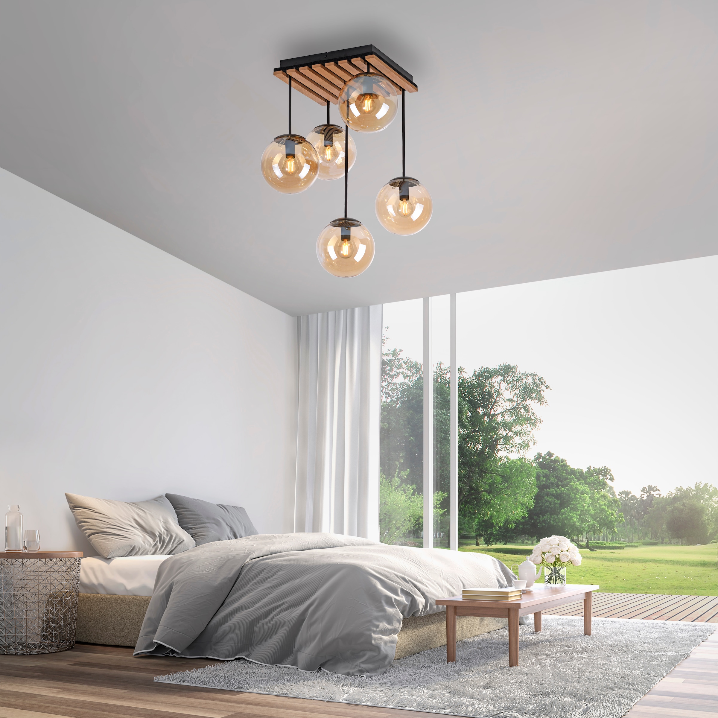 Leonique Deckenleuchte »Erinette Akustikpaneele mit Glaskugeln«, 5 flammig, Leuchtmittel E14 | ohne Leuchtmittel-Leuchtmittel wechselbar, Holz, Akustik, Paneele, Glas, Deckenlampe E14