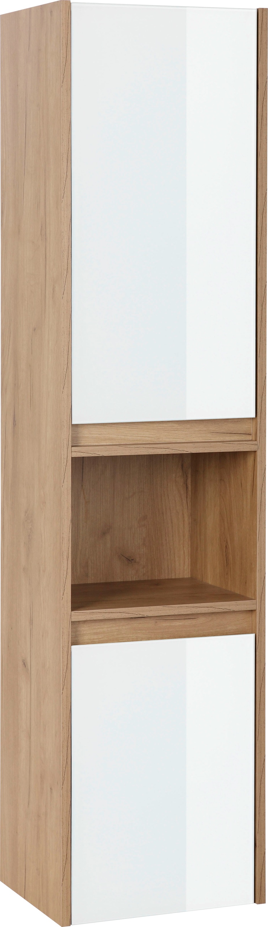 Hochschrank „Lund Badezimmerschrank“, Badschrank Schrank Breite 35 cm mit Glasfronten, weiß / eiche B/H/T: 35 cm x 145 cm x 30 cm