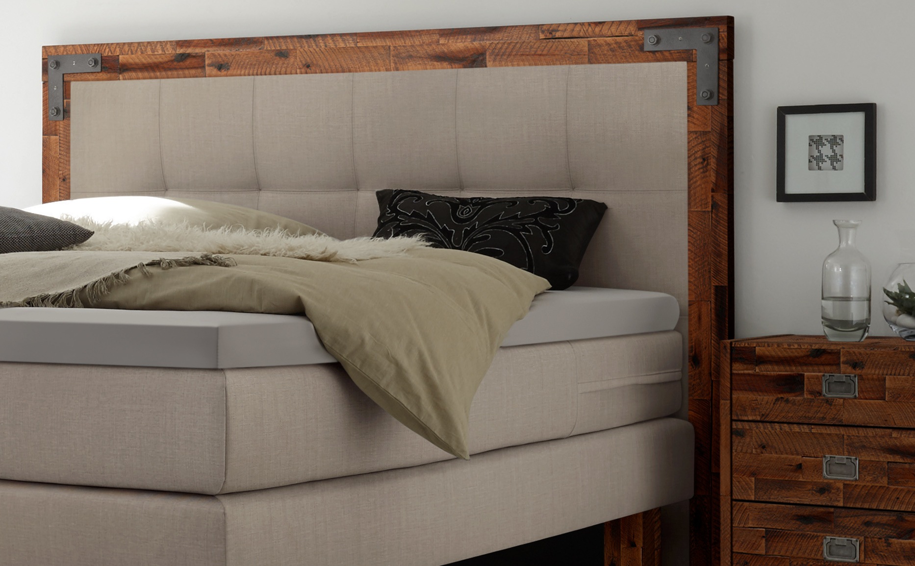 HASENA Boxspringbett Memphis, im Vintagelook, Massivholz-Umrandung, Tonnentaschen-Federkernmatratze