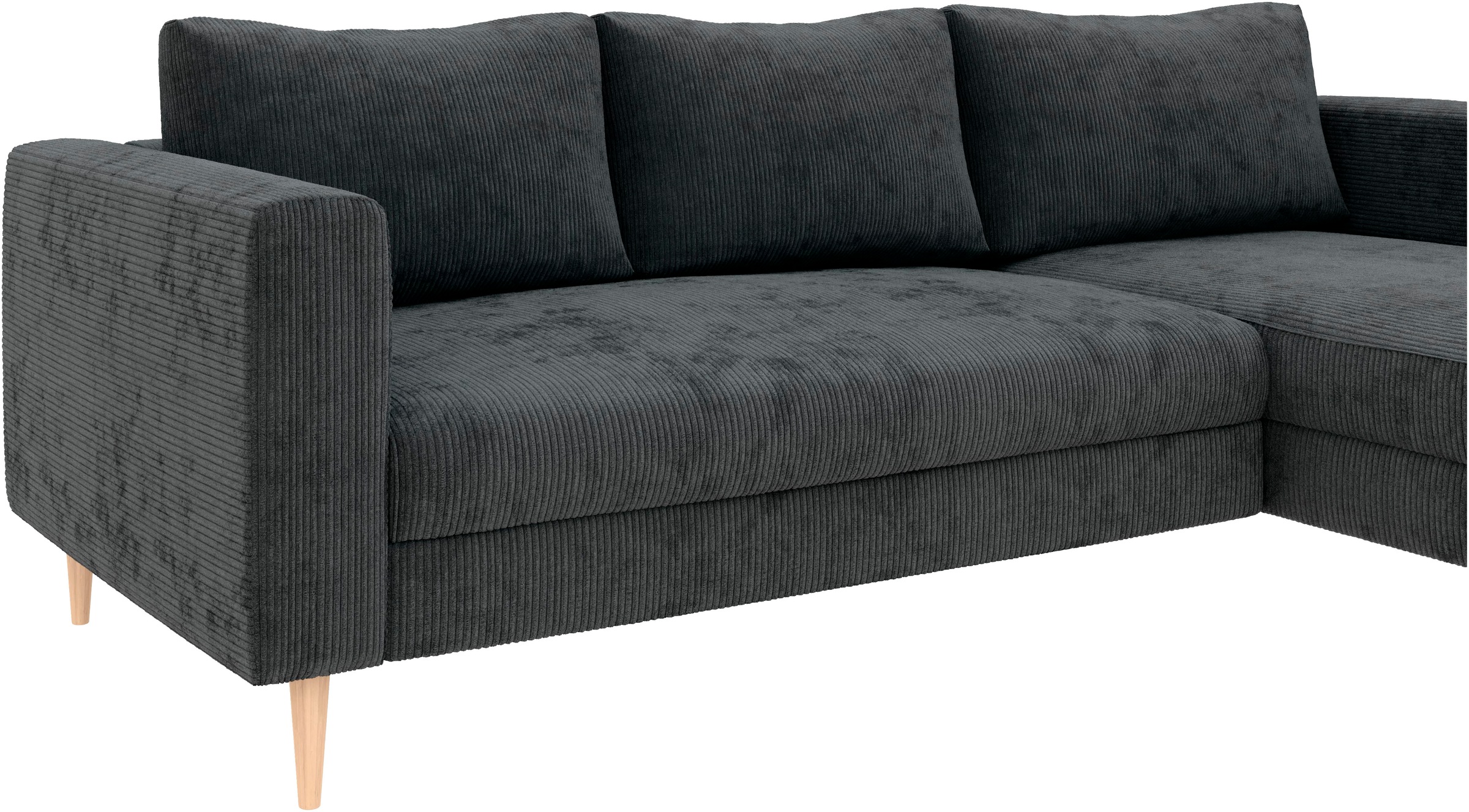 TRENDMANUFAKTUR Ecksofa »Amazing, wahlw. mit Schlaffunktion & Bettkasten, Fuß Buche lackiert« Recamiere beidseitig montierbar, L-Form,in Cord o. Struktur, B: 232 cm