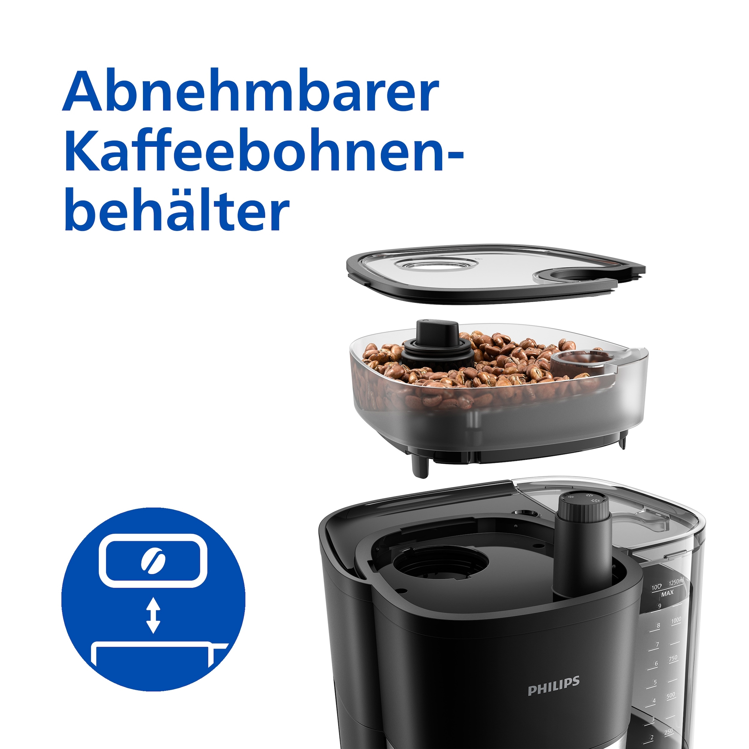 Philips Kaffeemaschine mit Mahlwerk »HD7888/90 All-in-1 Brew mit abnehmbarem Kaffeebohnenbehälter« Papierfilter 1x4 mit Intensitätseinstellung, Glaskanne, Timer